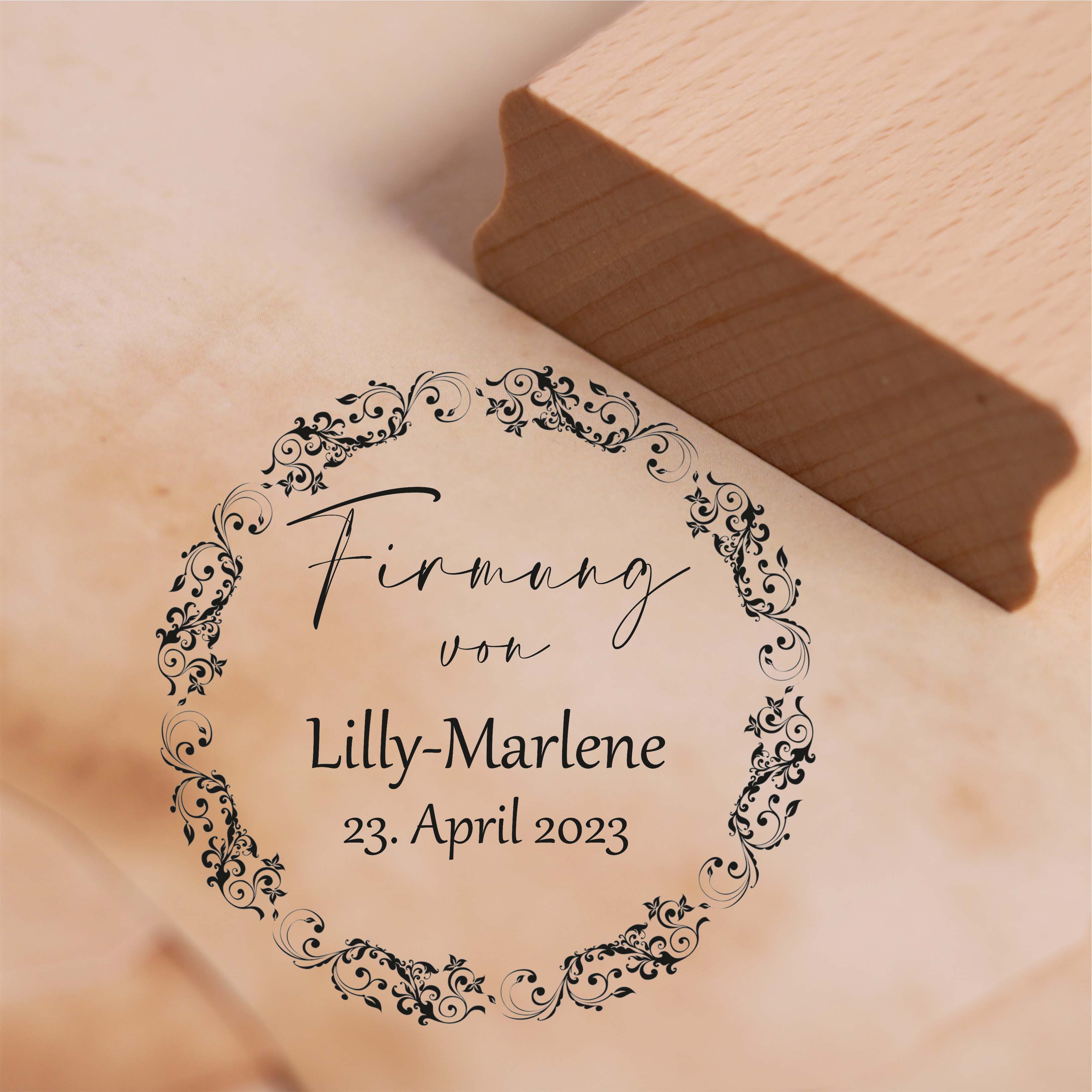 Stempel Firmung - mit Name und Datum - Motiv Vintage Ornament Kranz Motivstempel 38 x 38 mm