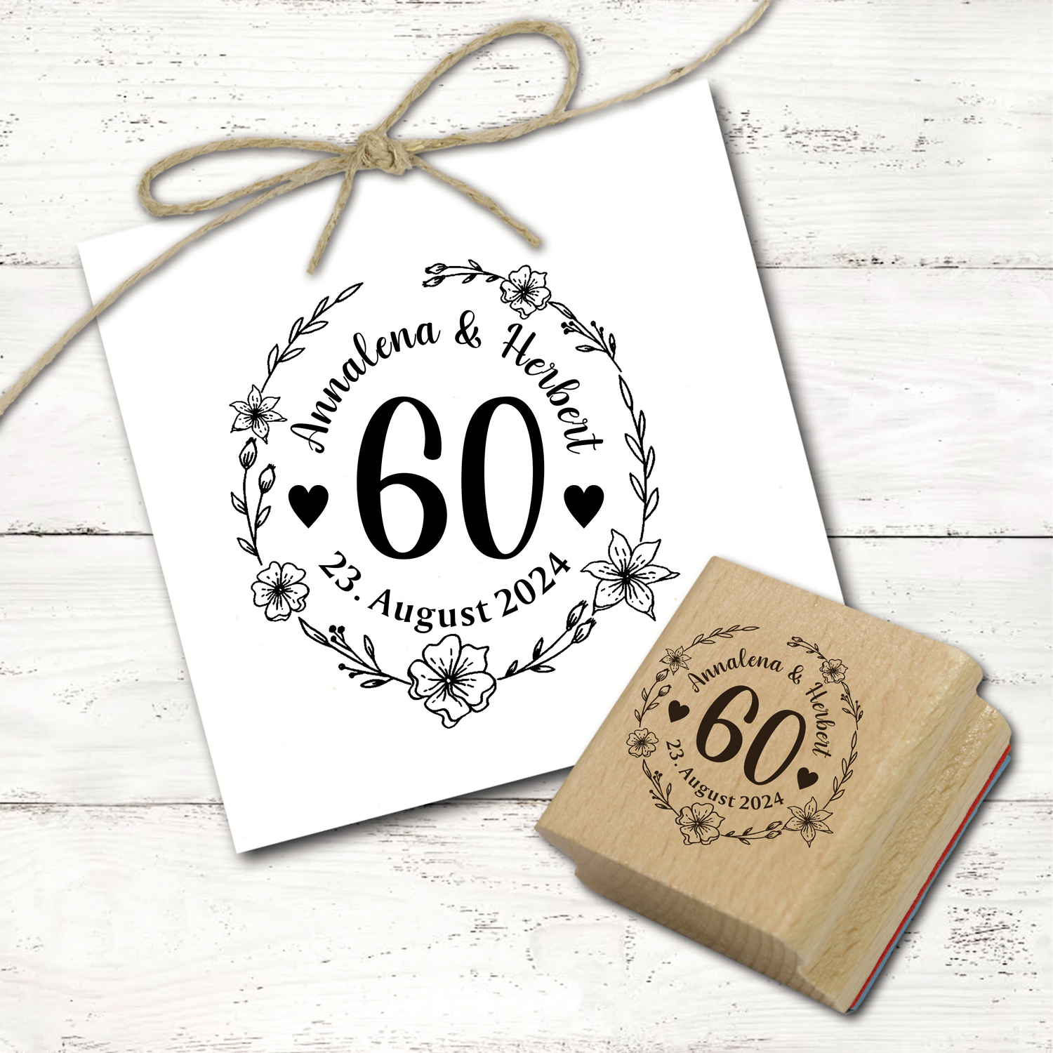 Motivstempel Hochzeit 60.  Hochzeitstag mit Namen, Datum und Zahl 60 Jahre - Blumen Kranz - Abdruck Ø 48 mm