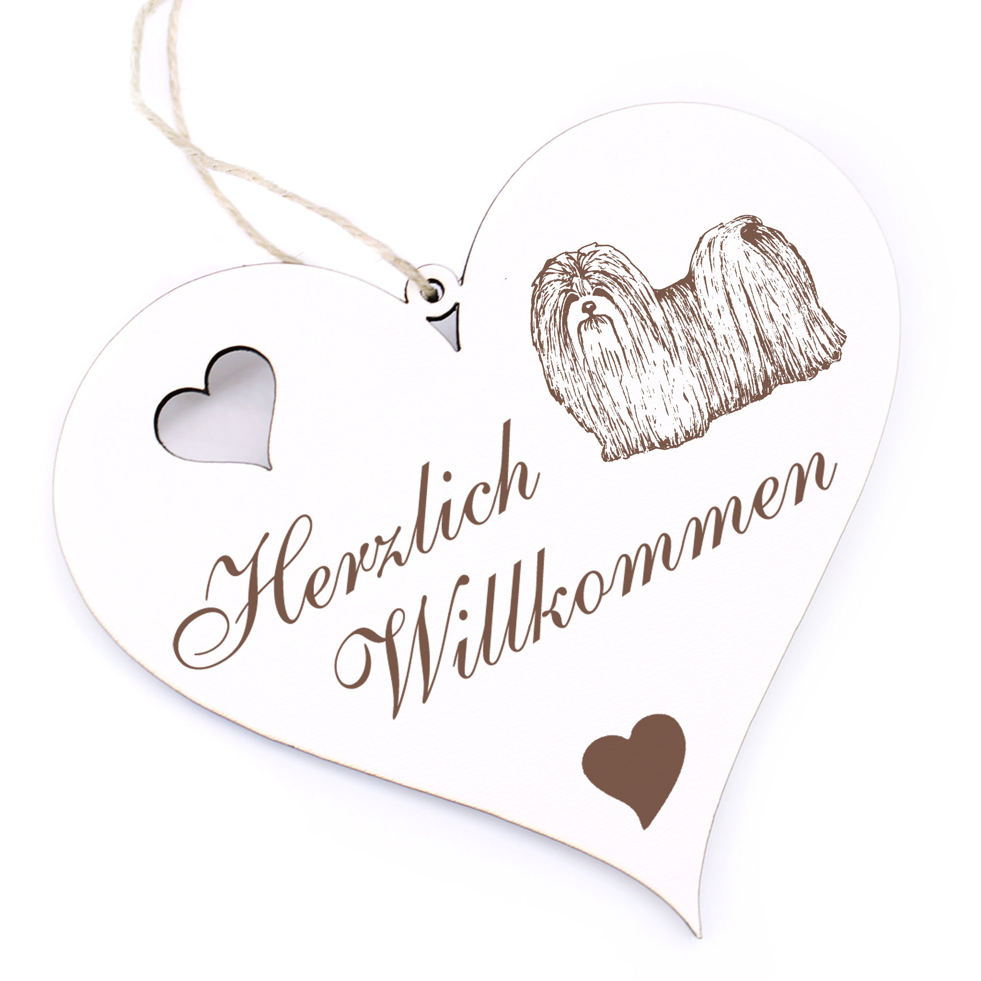 Herzlich Willkommen Schild - Lhasa Apso Löwenhund - Deko Herz Holz