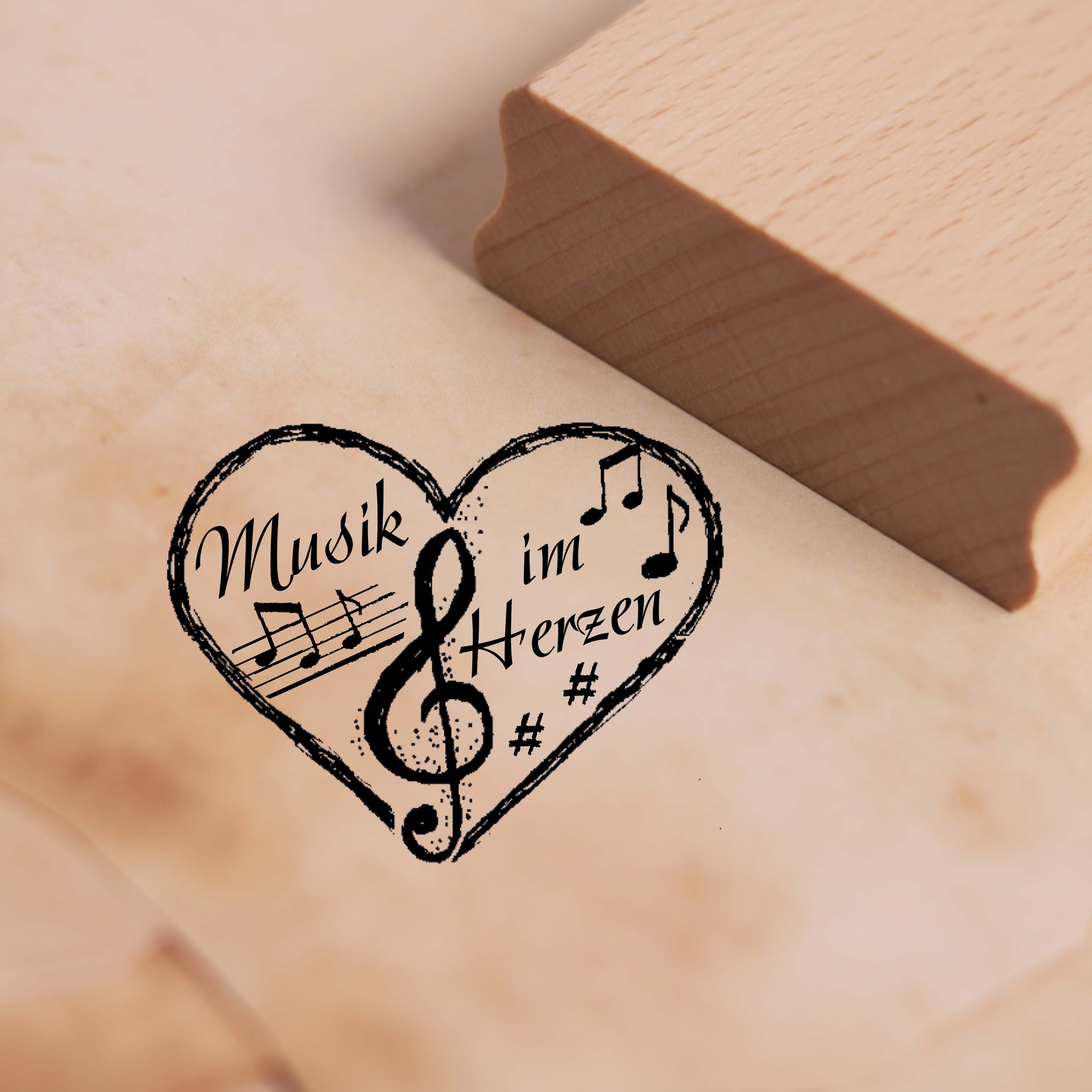 Motivstempel Musik im Herzen - Herz Stempel Holzstempel 48 x 38 mm