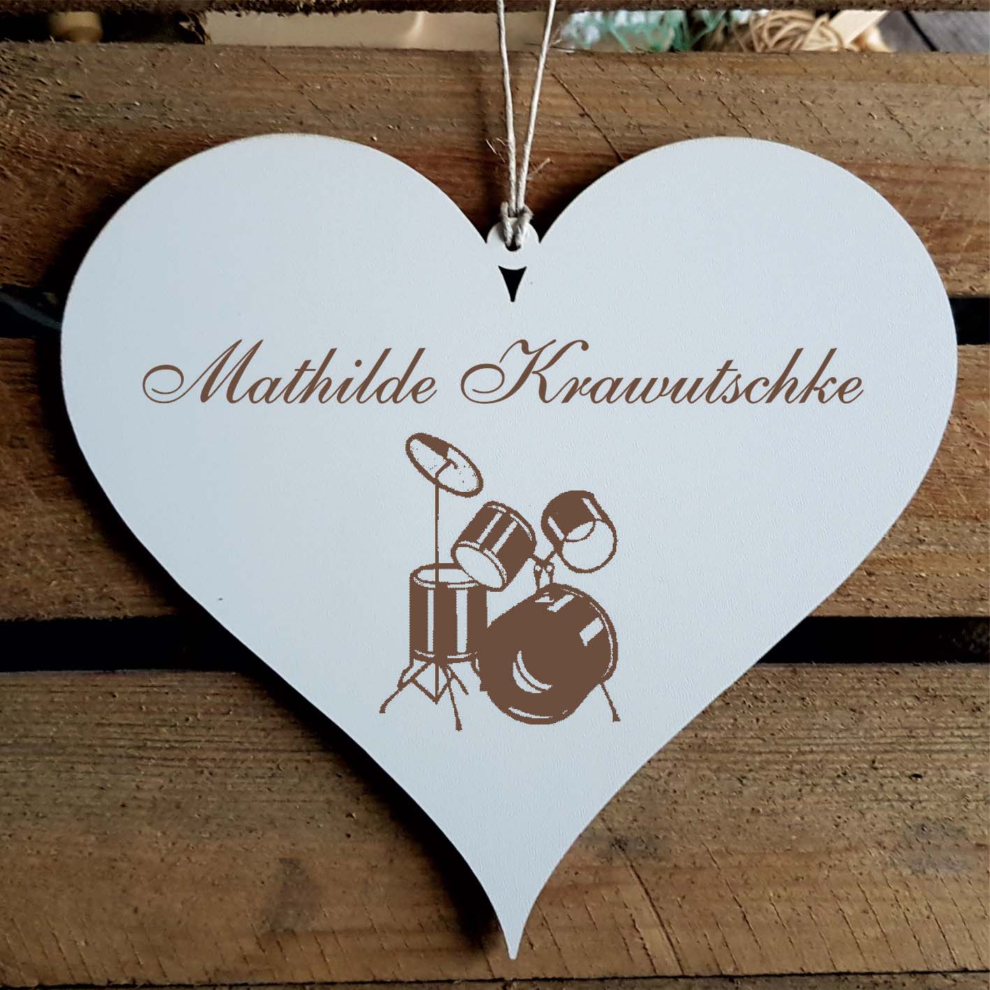 Herz Schild « Schlagzeug » mit Namen - Türschild zum Anhängen