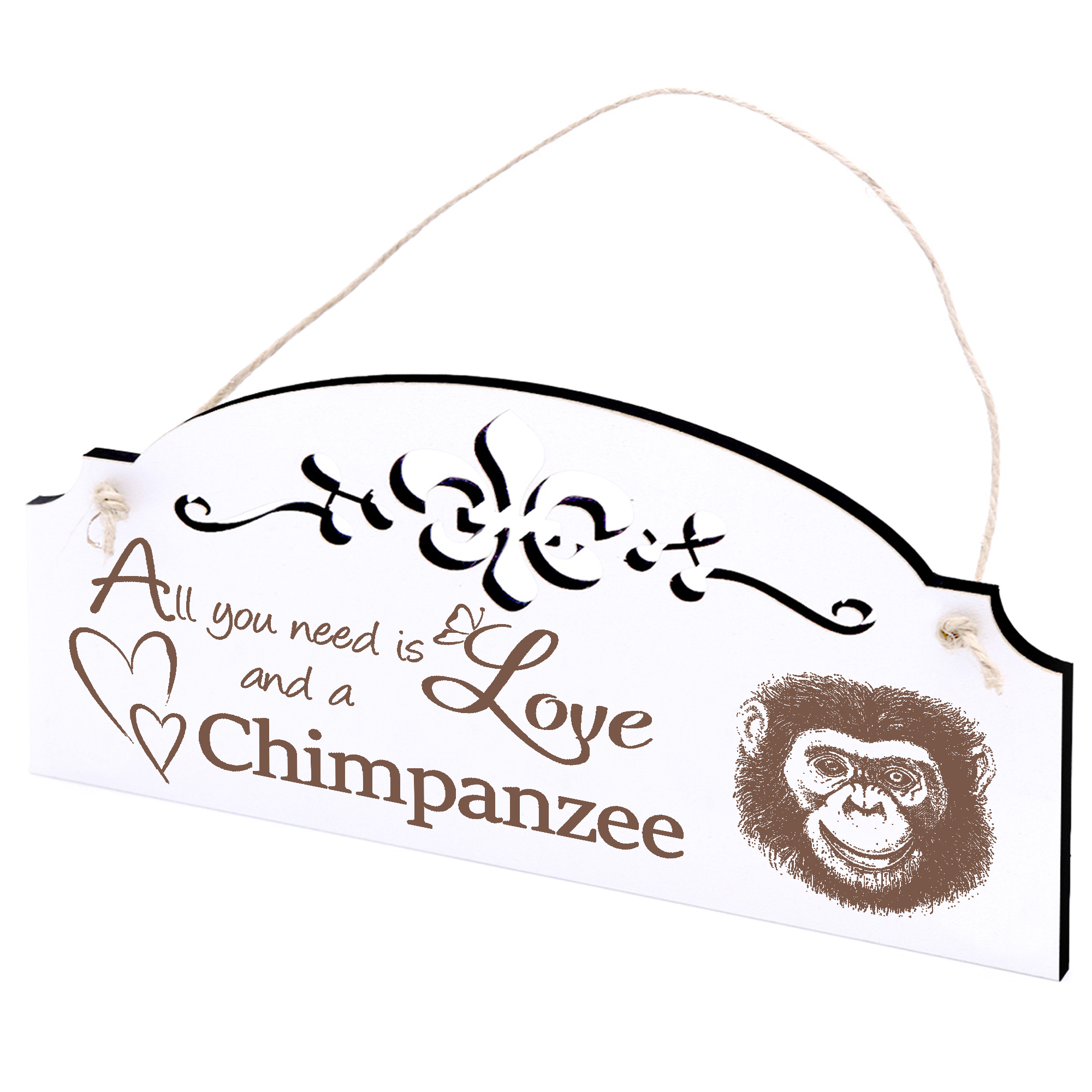 Schild Affe Schimpanse Kopf Deko 20x10cm - All you need is Love and a Chimpanzee - Holz