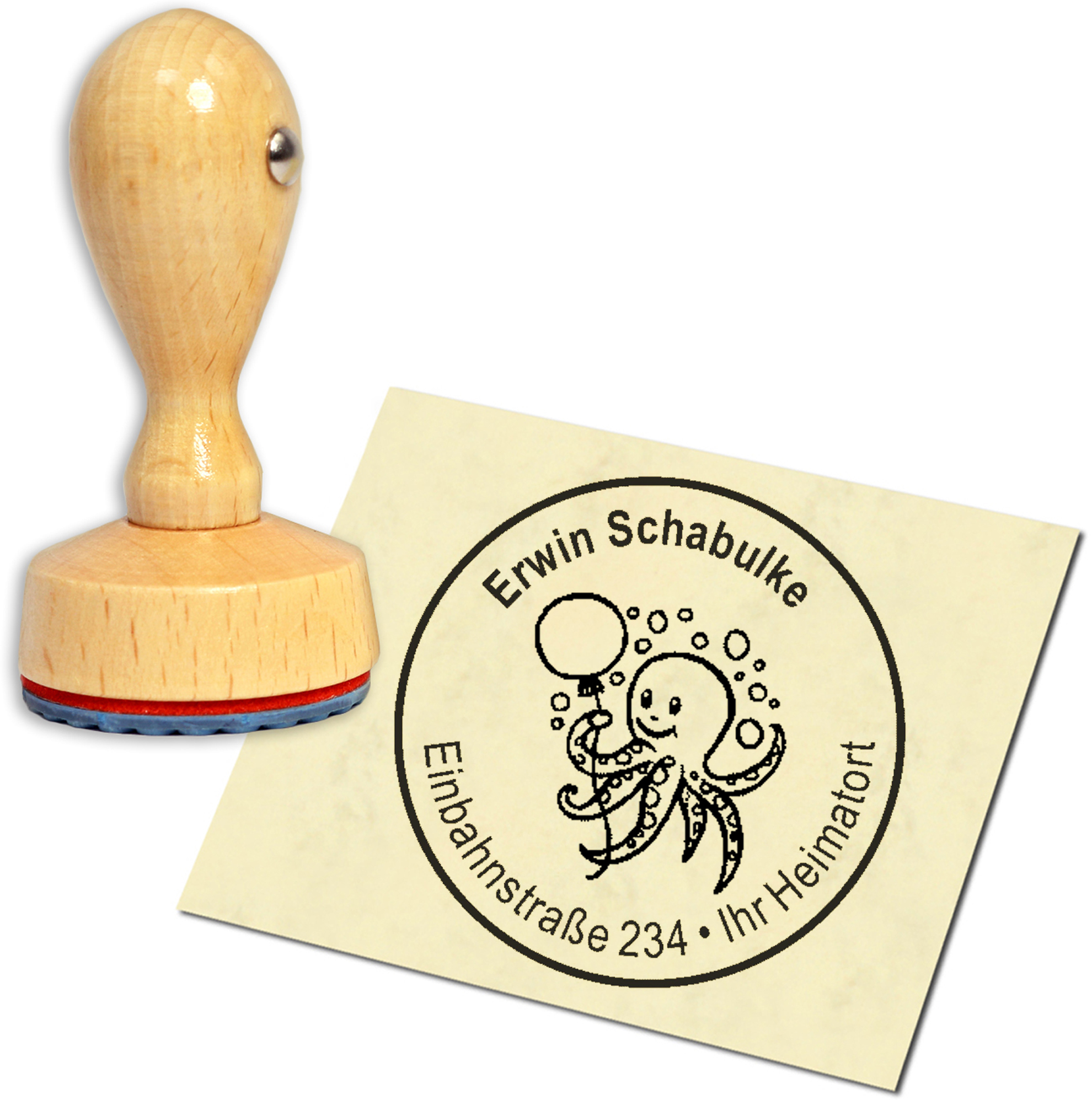 Stempel Adressstempel Holzstempel - niedliche Krake mit Ballon - rund 40mm