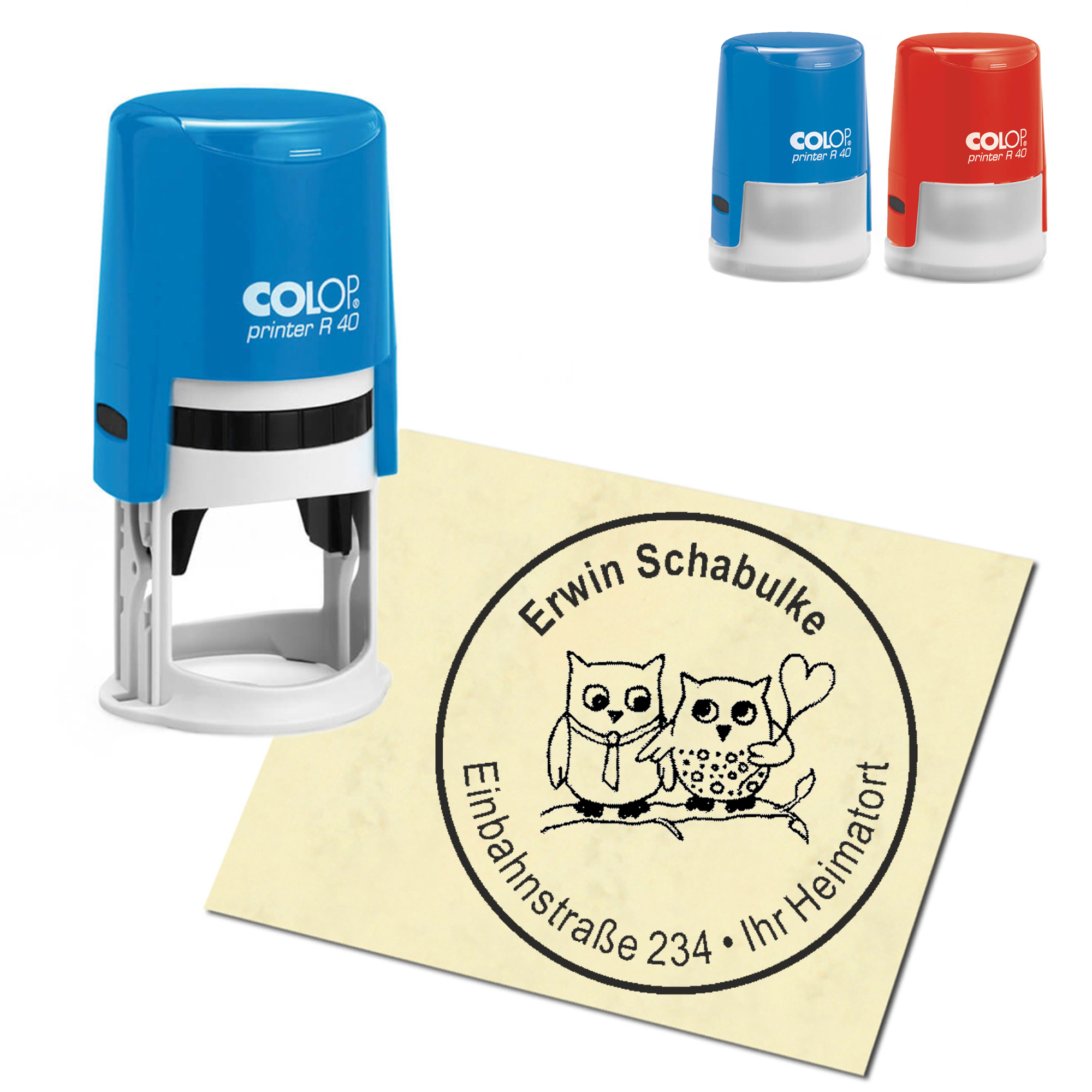 Stempel Adressstempel personalisiert - Eulenpaar - rund &empty; 40mm