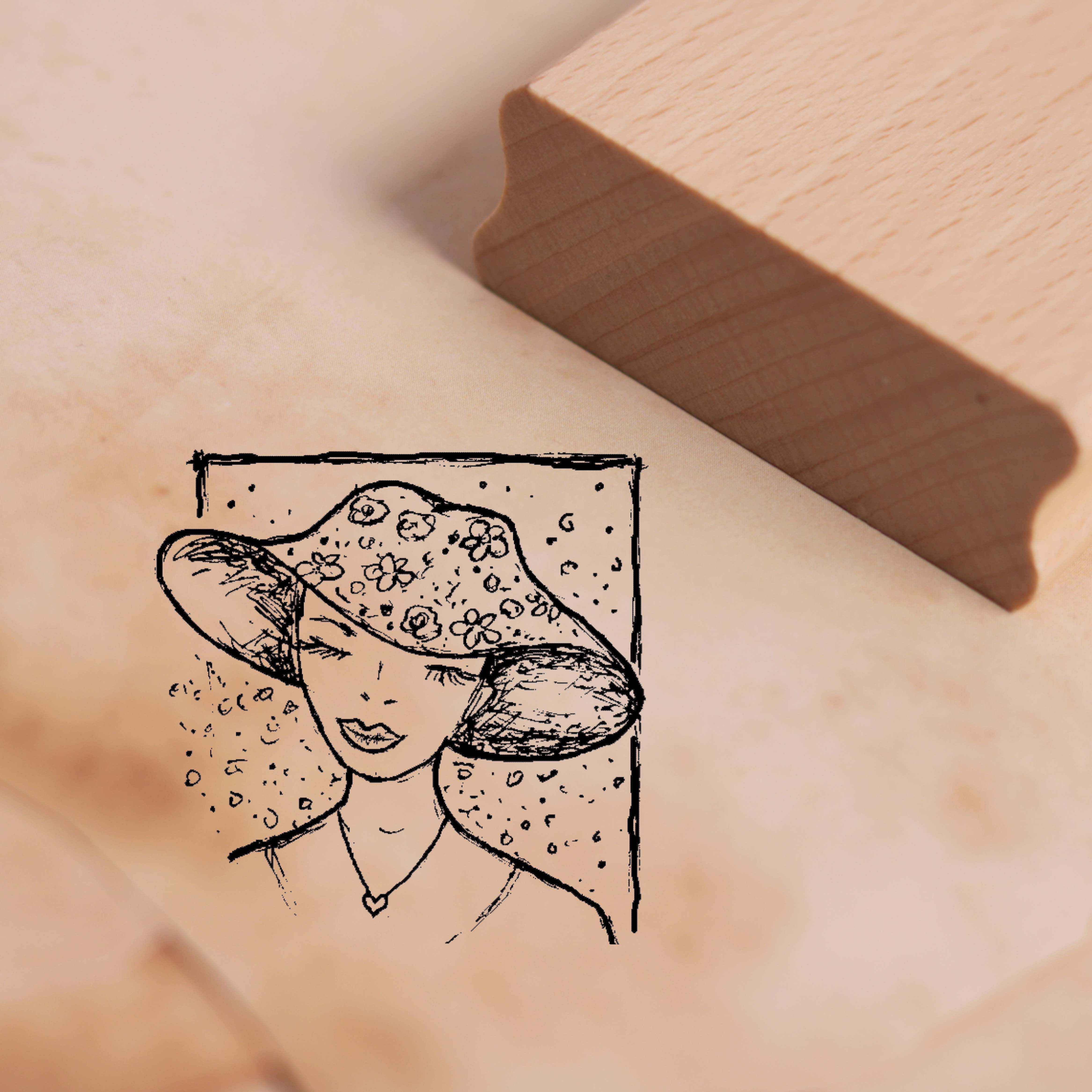 Motivstempel Lady mit Hut - Stempel Frau 38 x 38 mm