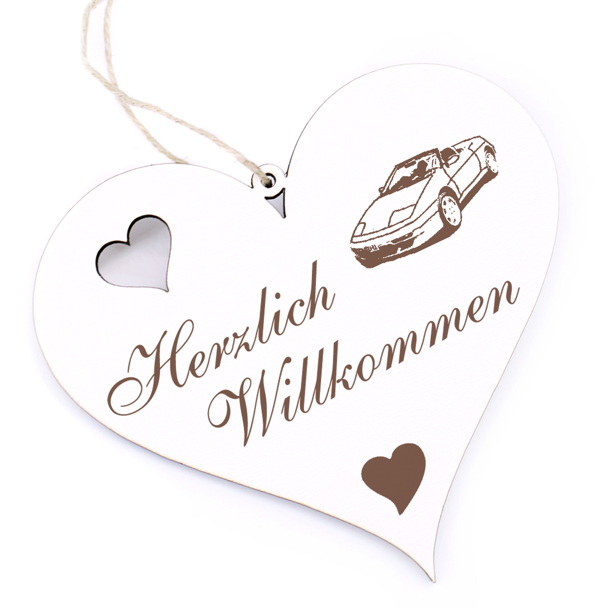 Herzlich Willkommen Schild - Rennauto - Deko Herz Holz