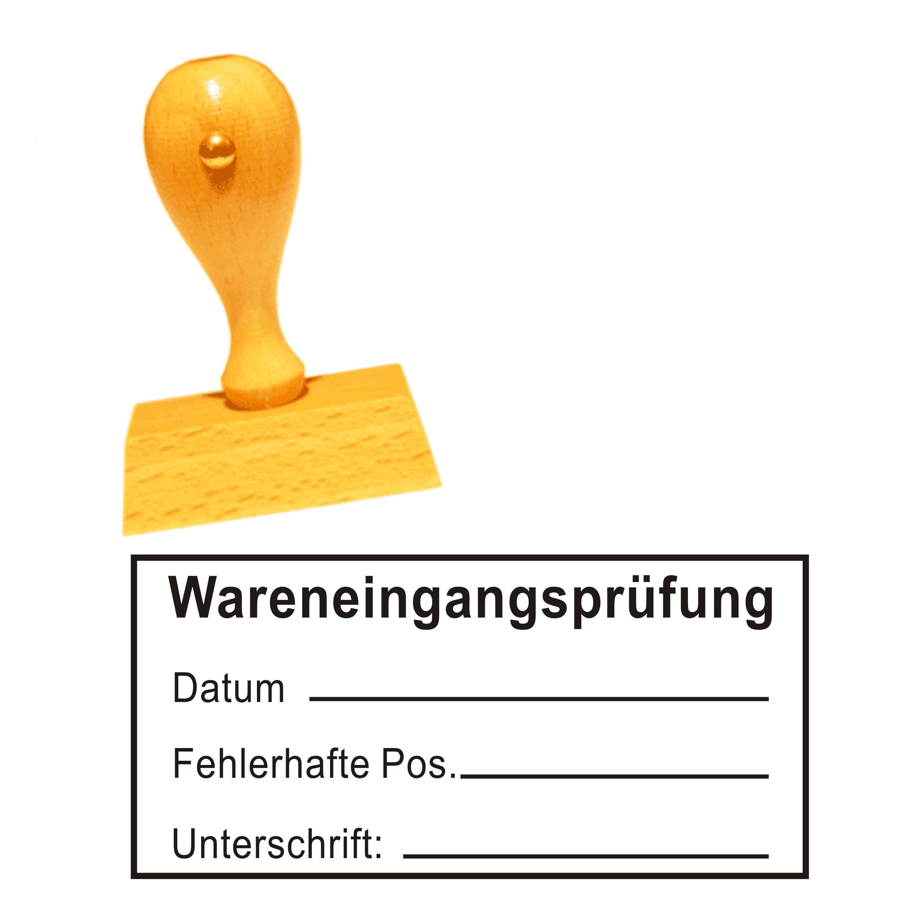 Stempel « WARENEINGANGSPRÜFUNG » mit Datum, fehlerhafte Position und Unterschrift