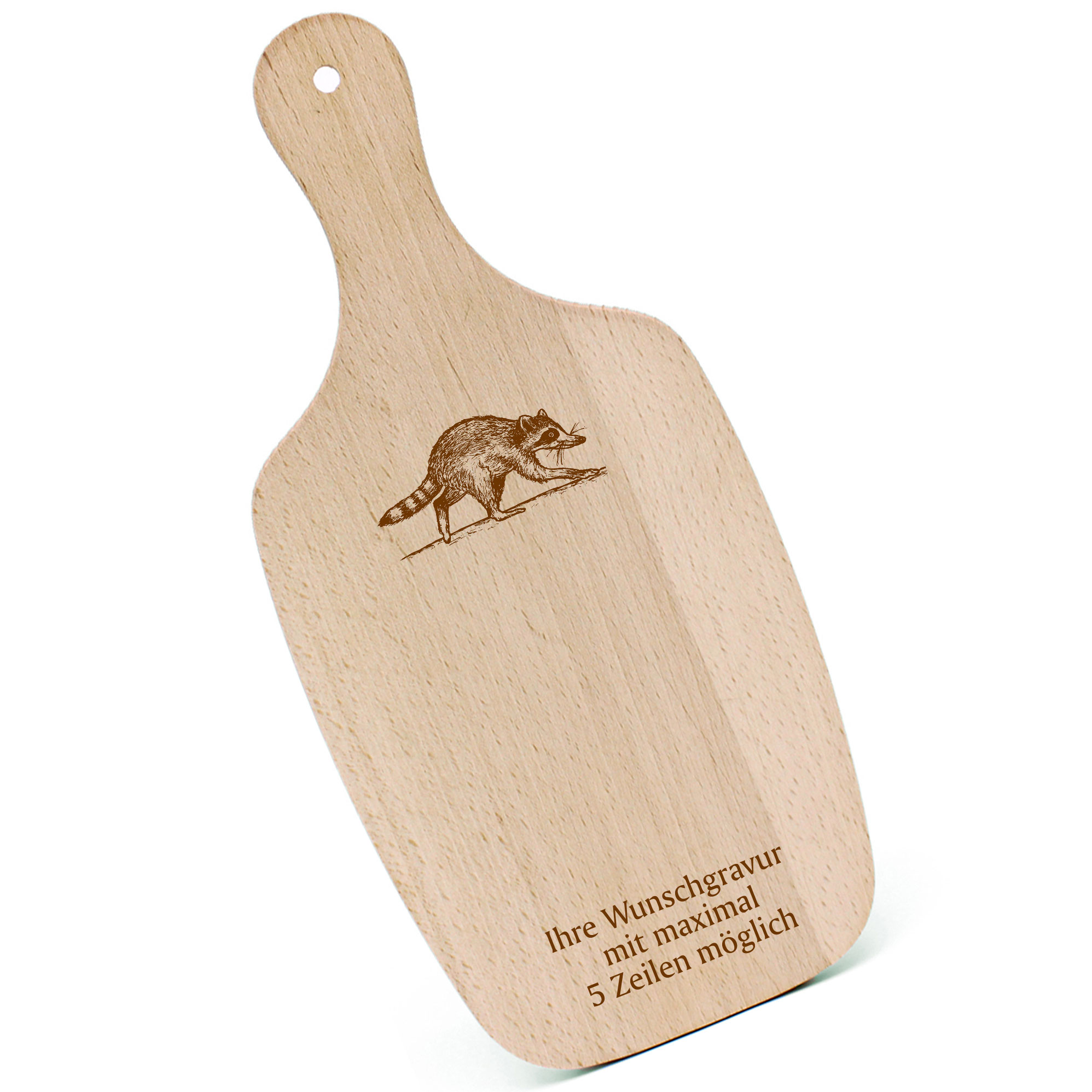 Schneidebrett Frühstücksbrettchen - gehender Waschbär - mit Griff 330x150mm