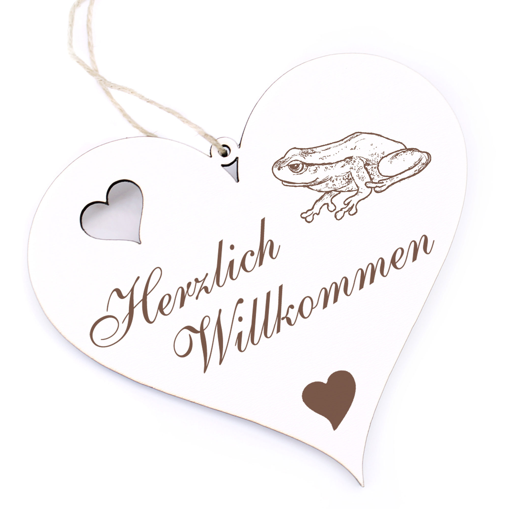 Herzlich Willkommen Schild - Frosch Sitzend - Deko Herz Holz