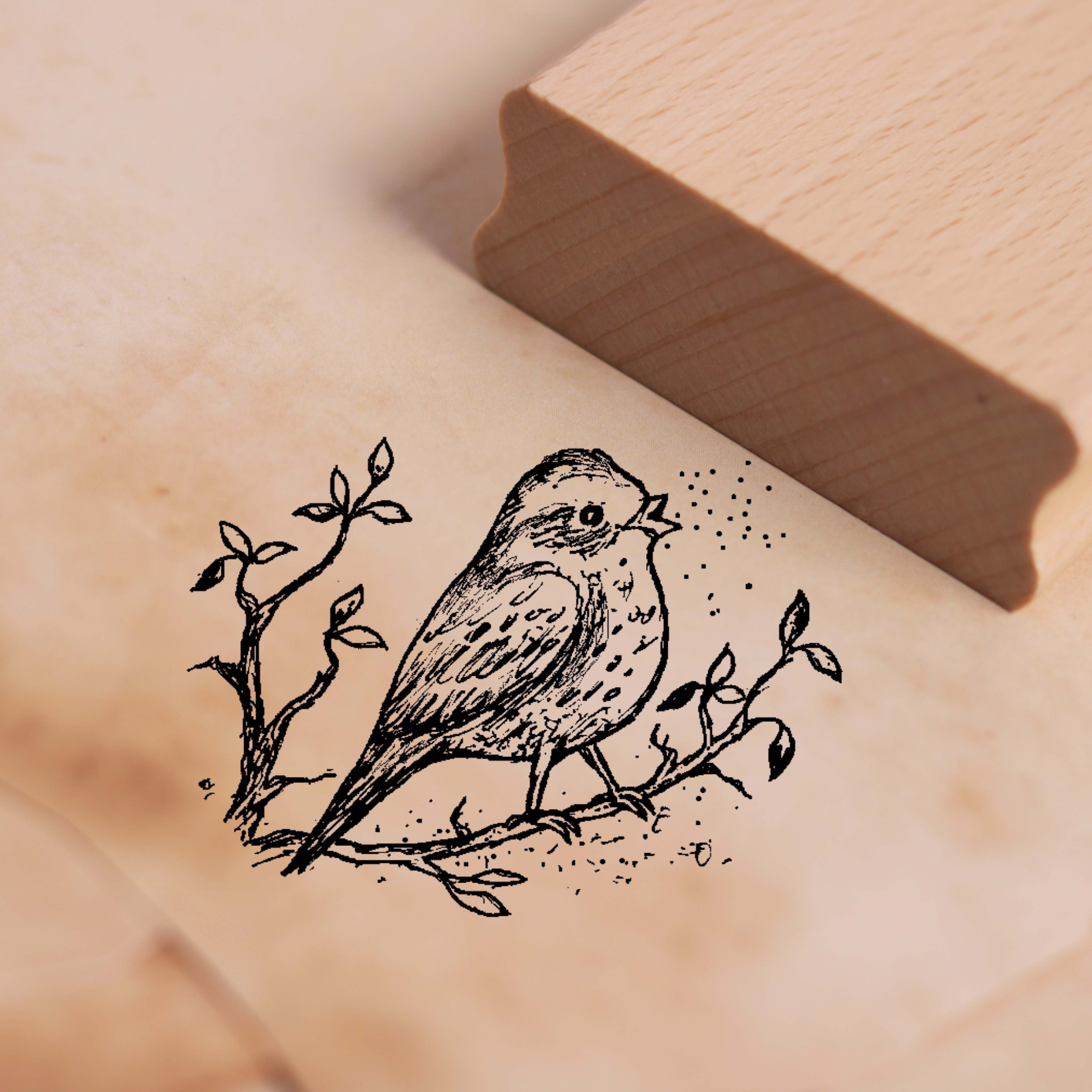 Motivstempel Vogel auf Zweig singt Stempel Spatz 38 x 28 mm