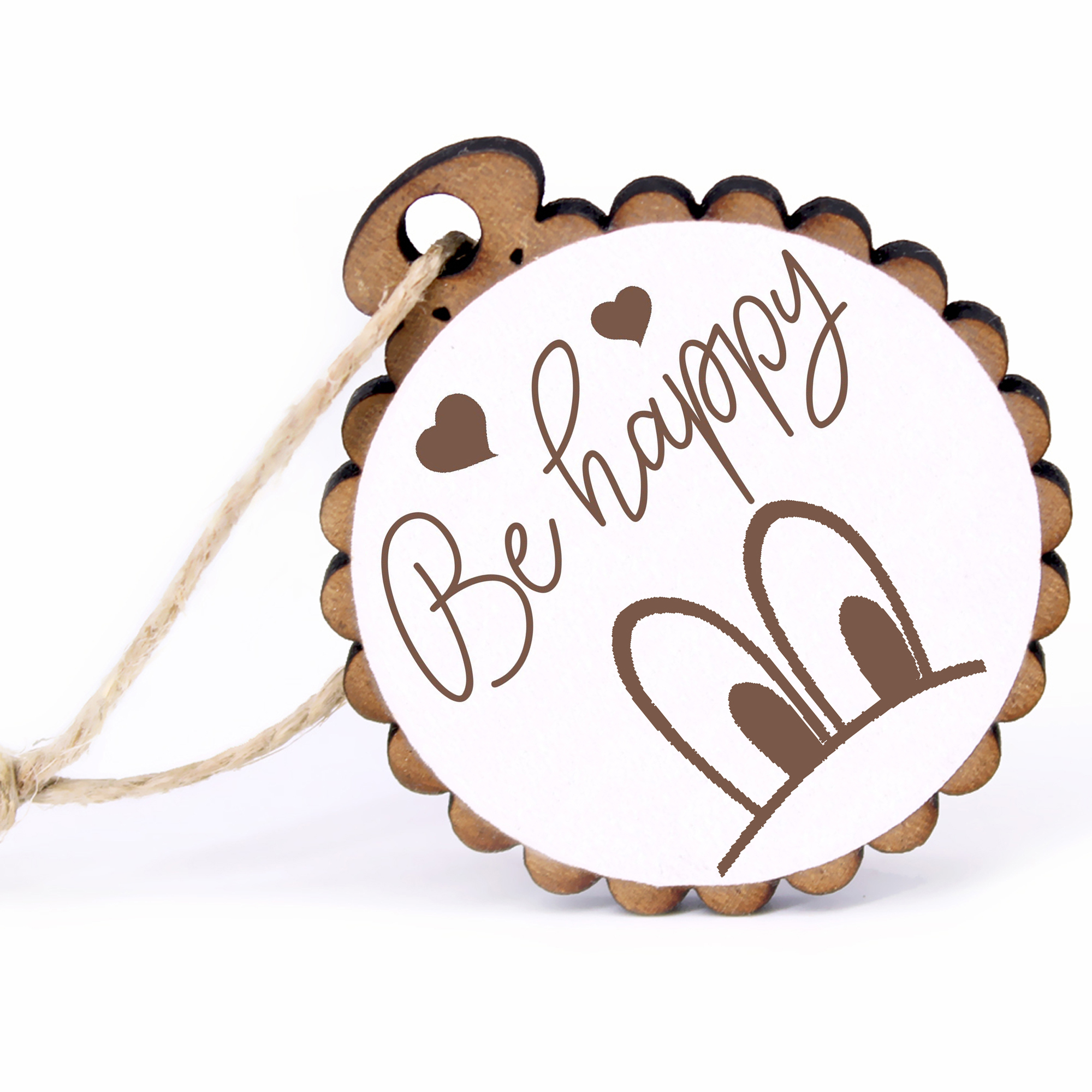 Geschenkanhänger - Be Happy Augenpaar -  Holz Ø-5cm - mit Juteband
