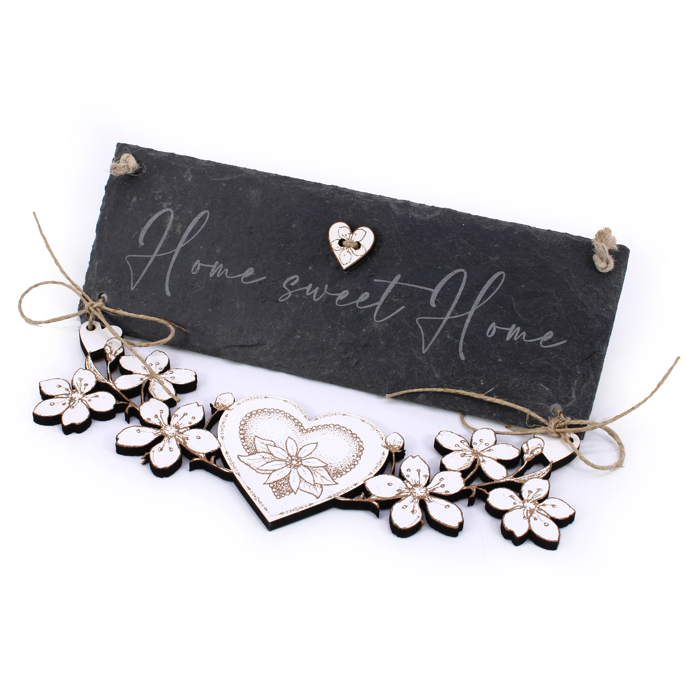 Schiefer Schild Home Sweet Home mit Blumenelement aus Holz - Schild Türschild Türdeko 22x16 cm
