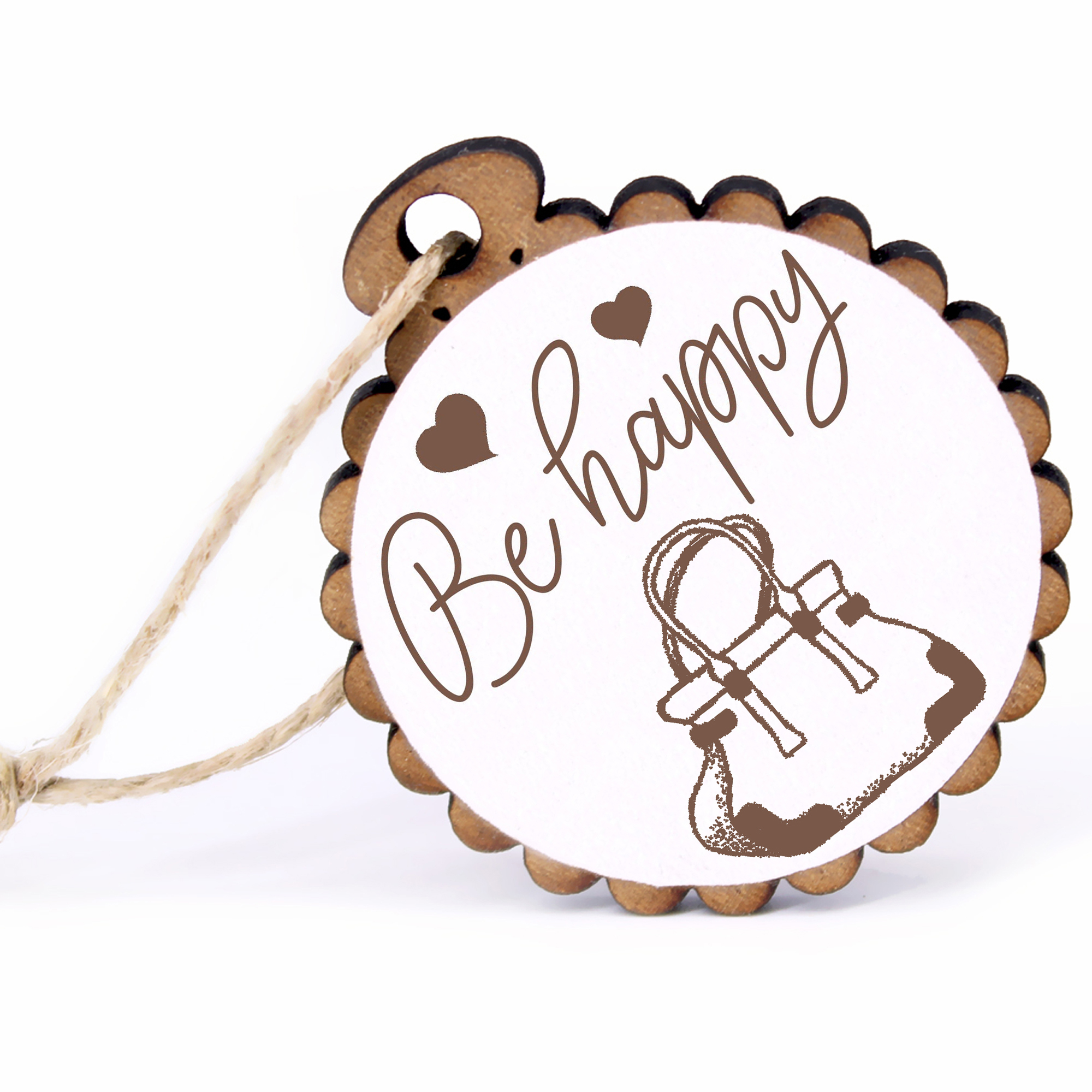 Geschenkanhänger - Be Happy Handtasche -  Holz Ø-5cm - mit Juteband