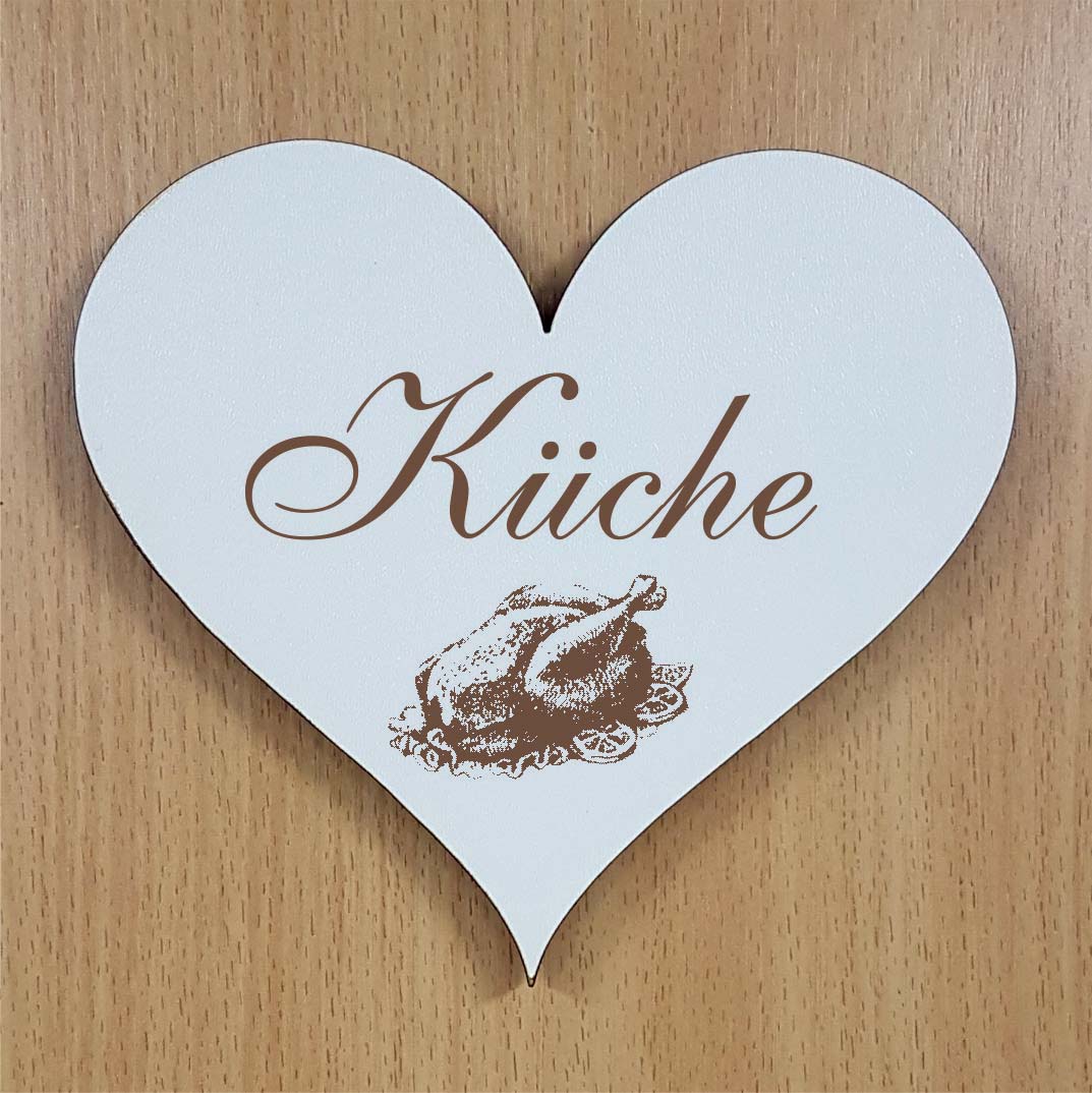Shabby Herz « KÜCHE » selbstklebendes Türschild mit Motiv Brathähnchen