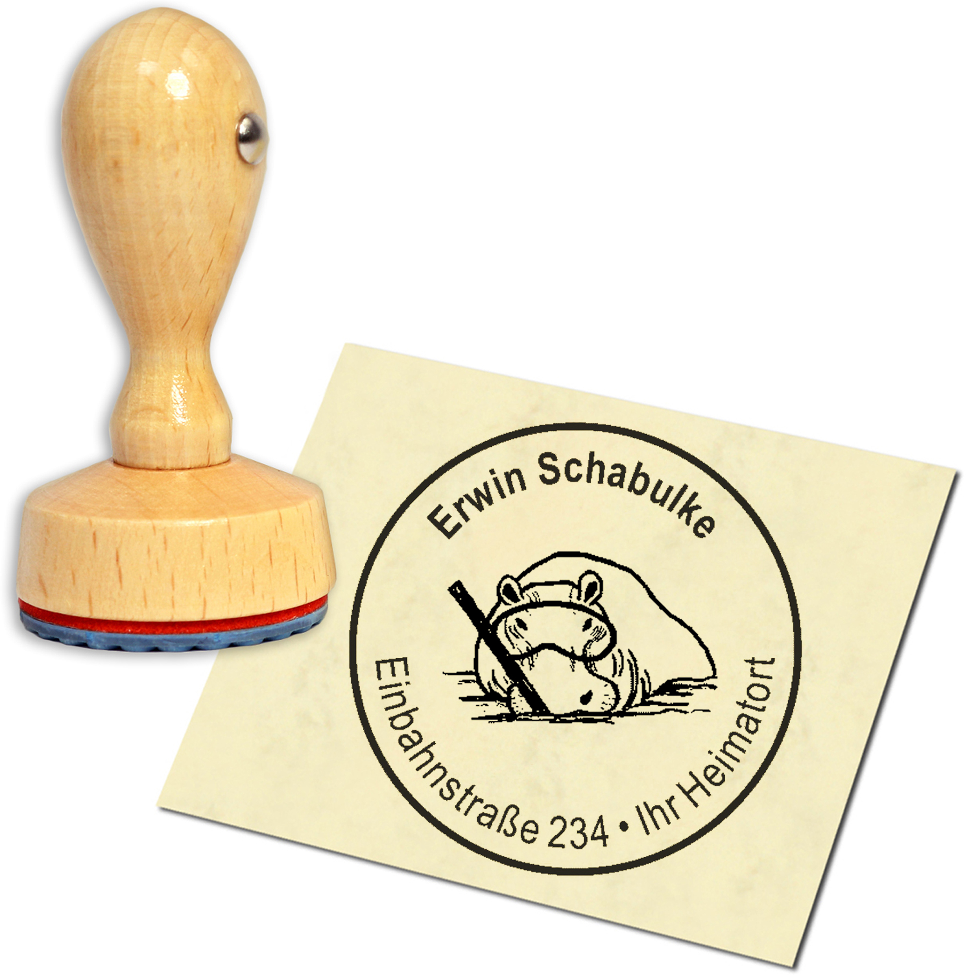 Stempel Adressstempel Holzstempel - Nilpferd mit Taucherbrille - rund 40mm