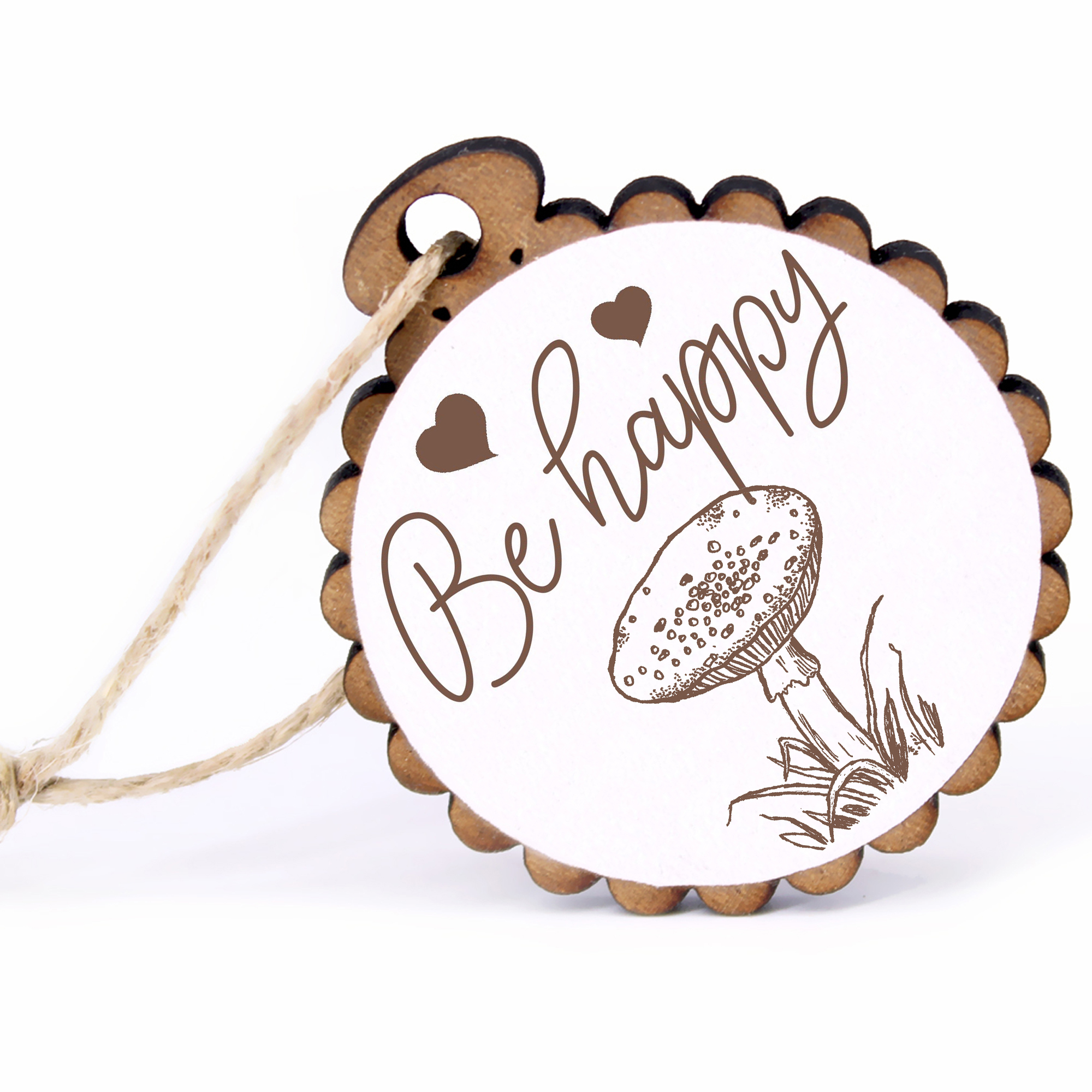Geschenkanhänger - Be Happy Fliegenpilz -  Holz Ø-5cm - mit Juteband
