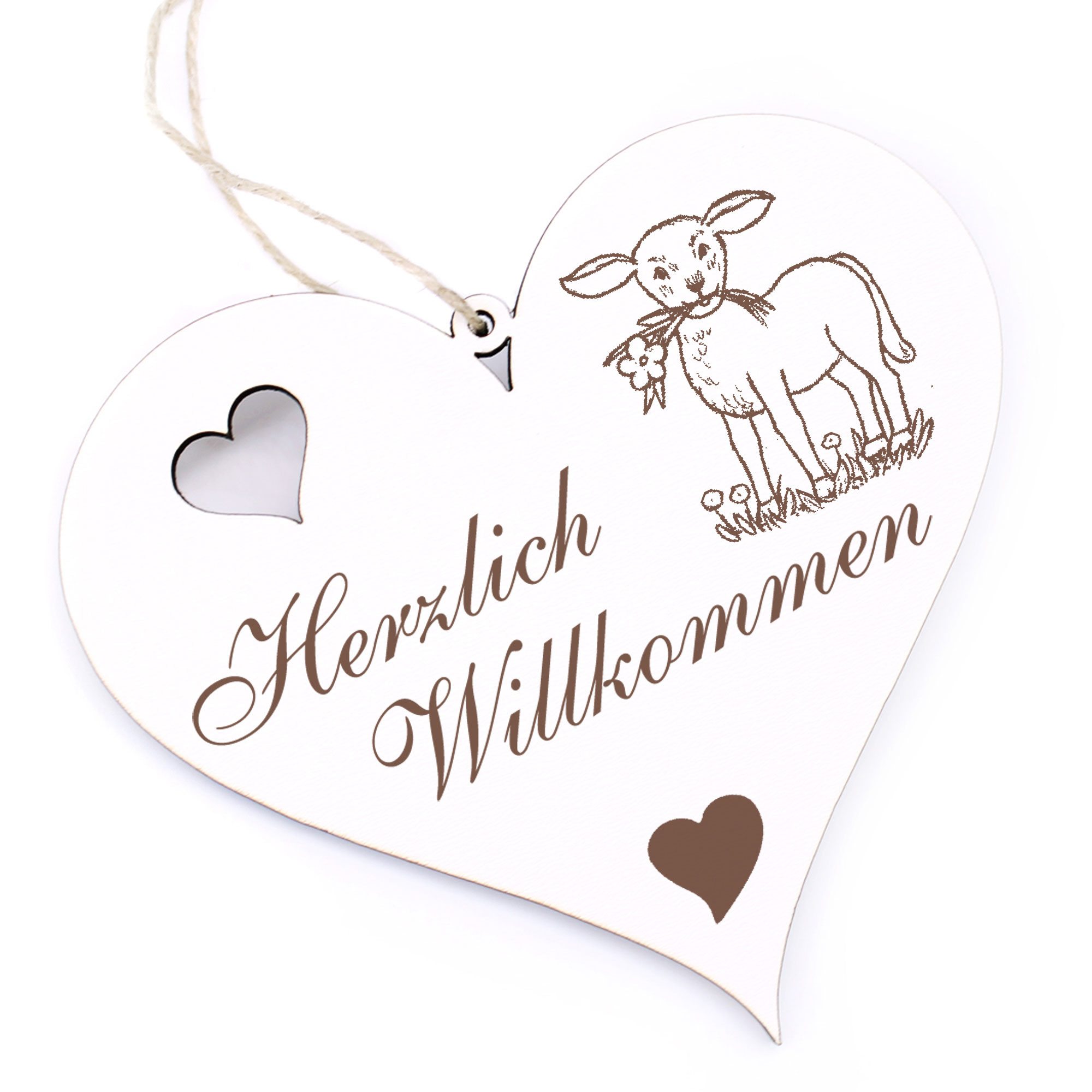Herzlich Willkommen Schild - Lamm mit Blume - Deko Herz Holz