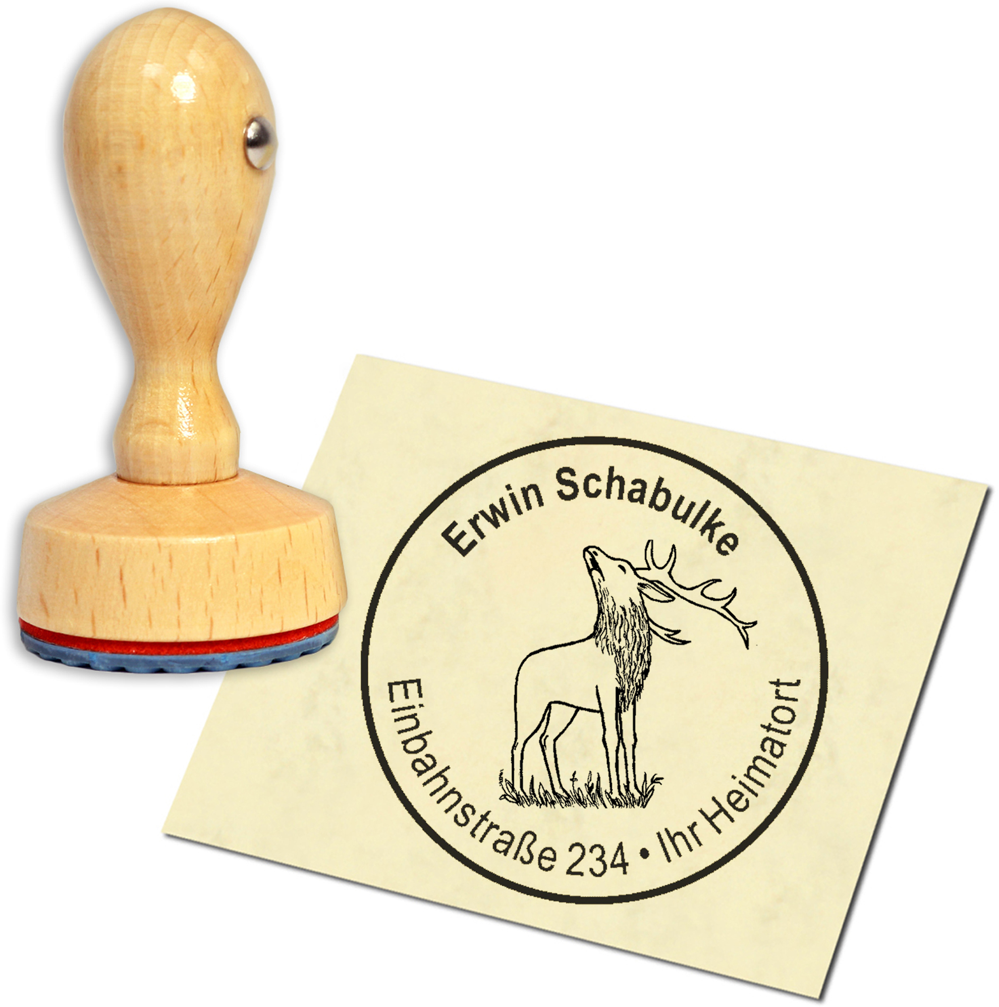 Stempel Adressstempel Holzstempel - rufender Hirsch - rund 40mm