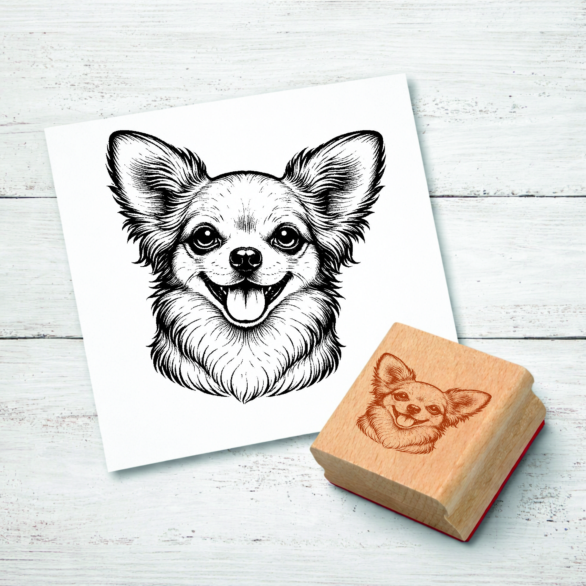 Motivstempel Chihuahua Hund - Stempel mit Hundemotiv - Holzstempel Abdruck 48 x 47 mm