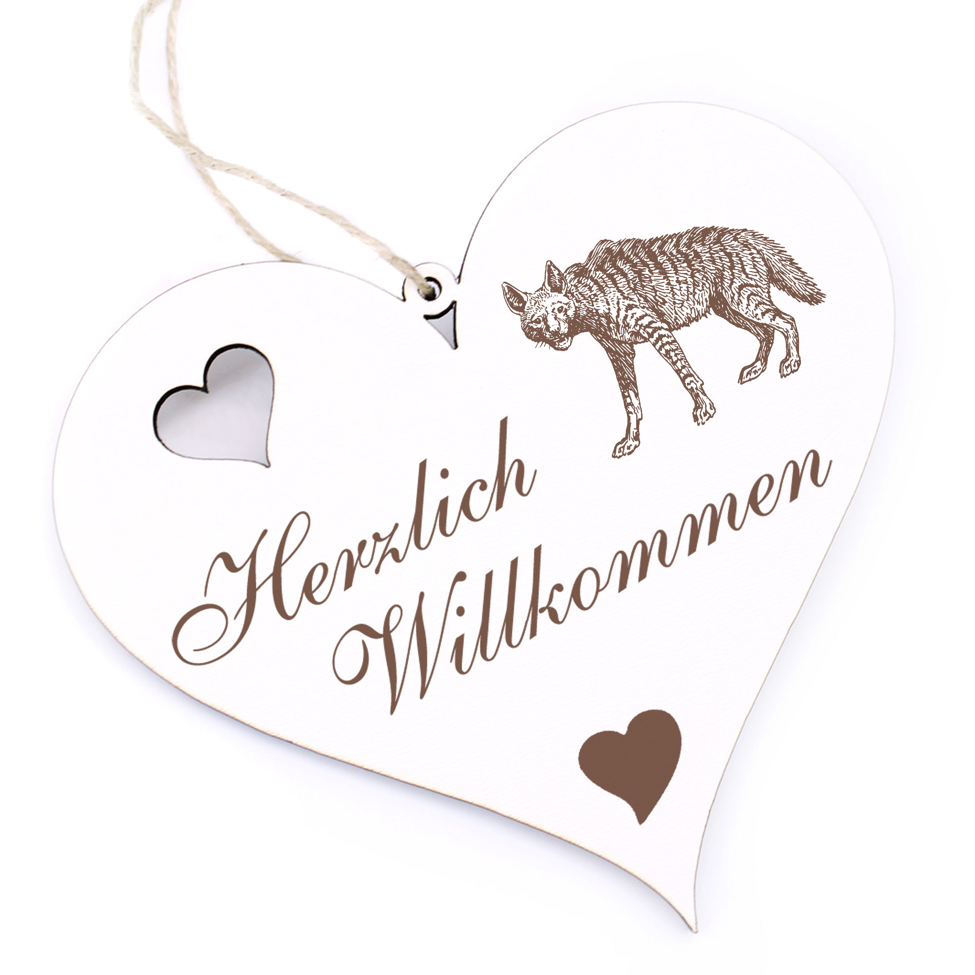 Herzlich Willkommen Schild - Hyäne - Deko Herz Holz