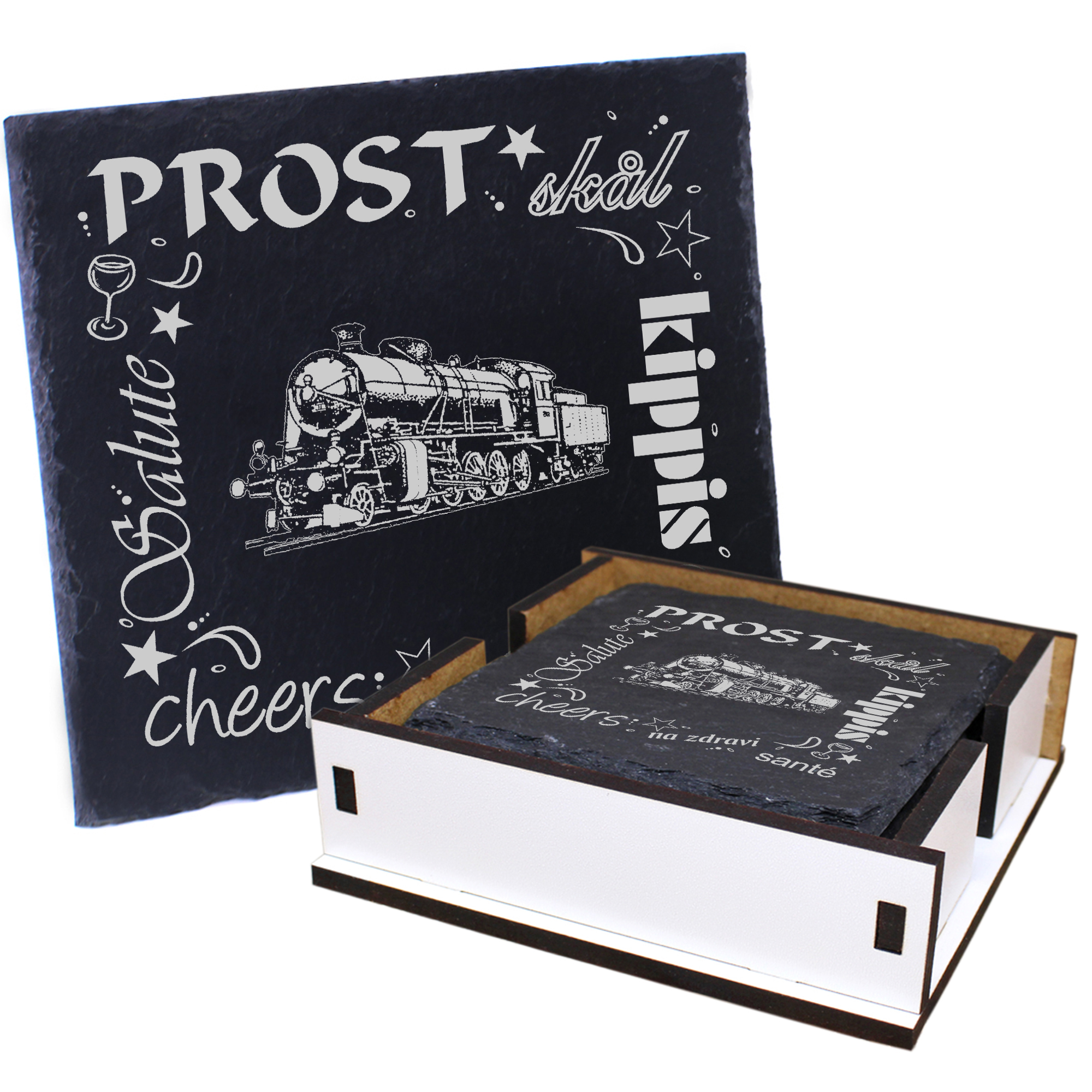 5 x Schiefer Untersetzer - Prost Dampflok - inkl. Holzbox & Flaschenuntersetzer