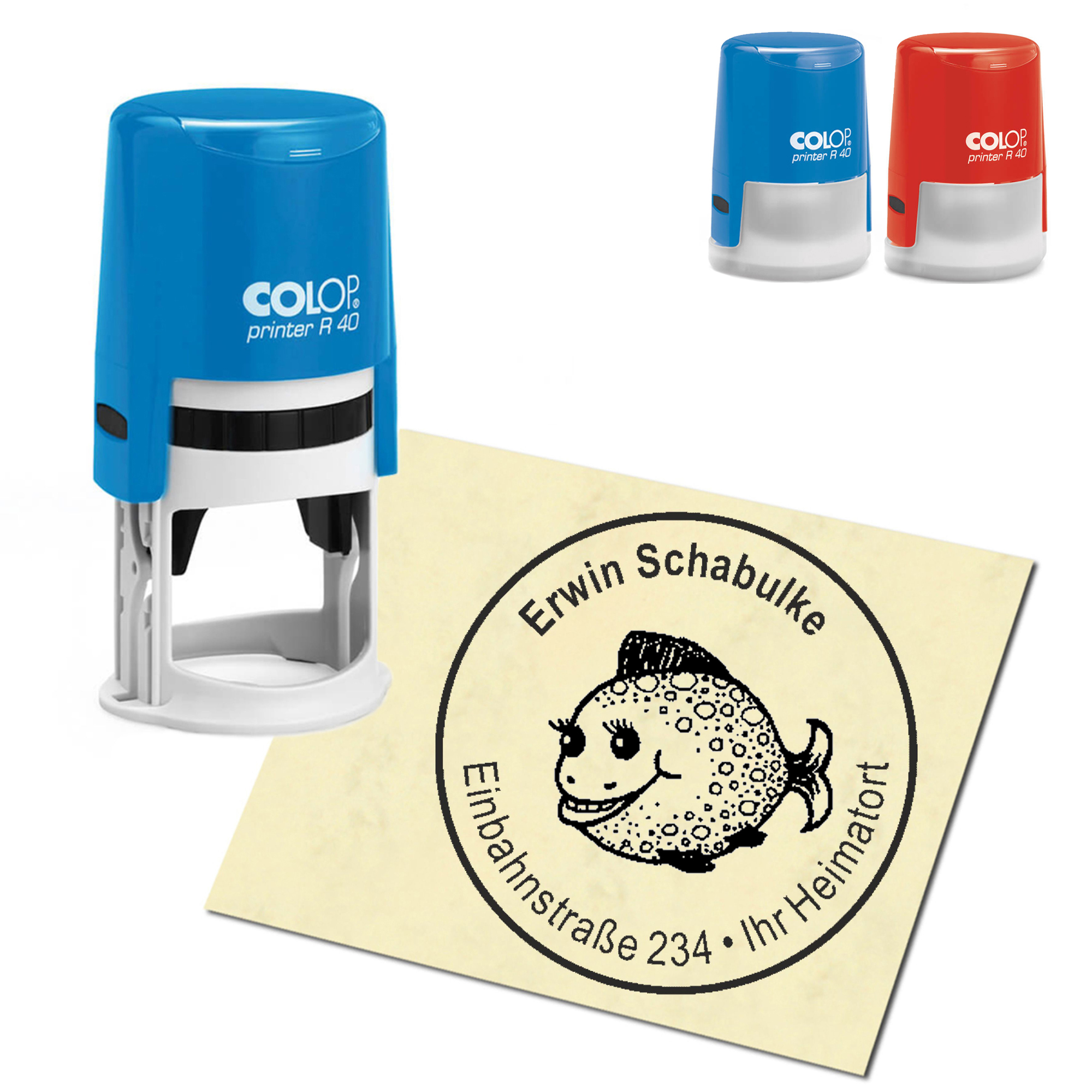 Stempel Adressstempel personalisiert - niedlicher Kugelfisch - rund &empty; 40mm