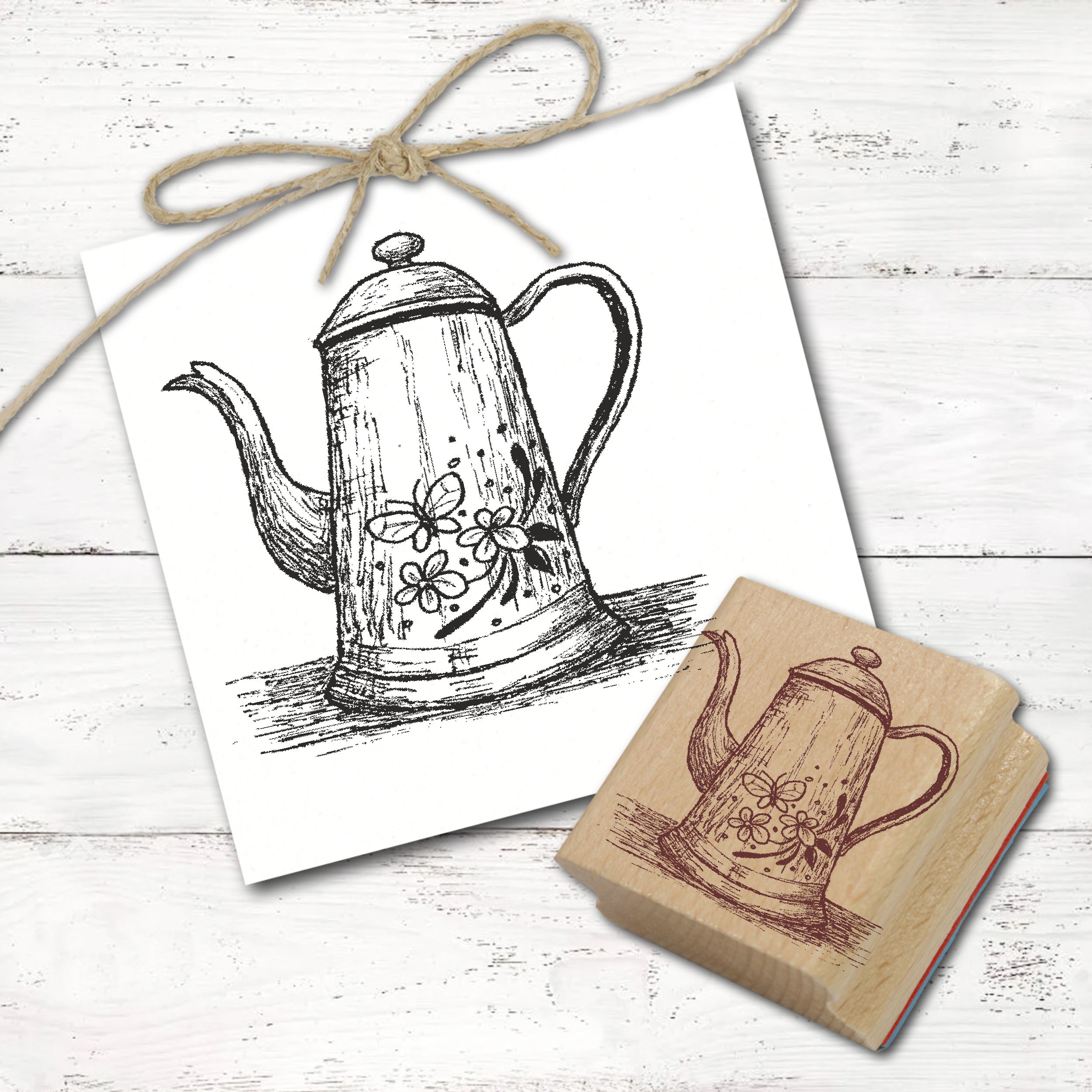 Motivstempel Vintage Kaffeekanne mit Blumen - Stempel Holzstempel 58 x 58 mm 