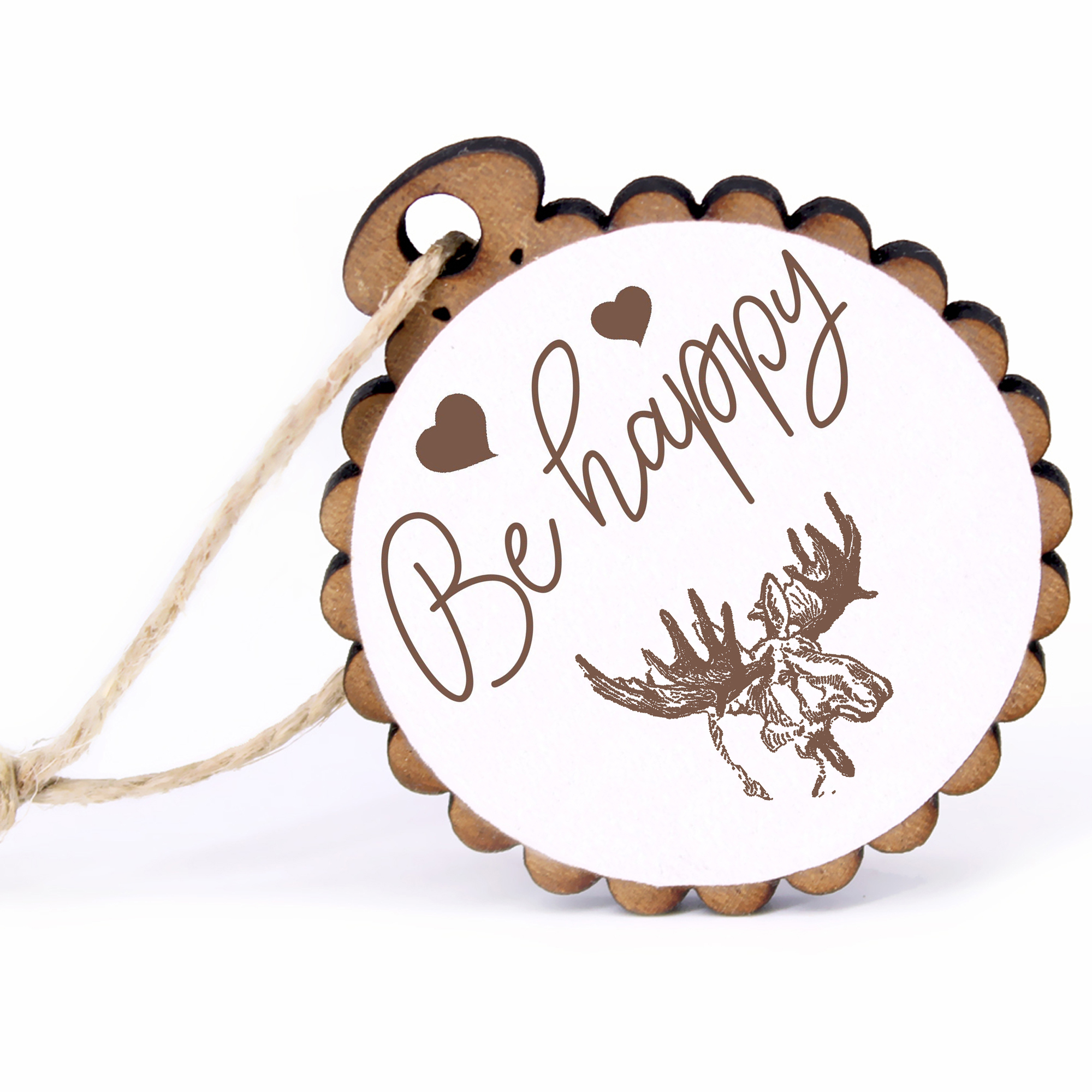 Geschenkanhänger - Be Happy Elch Kopf -  Holz Ø-5cm - mit Juteband