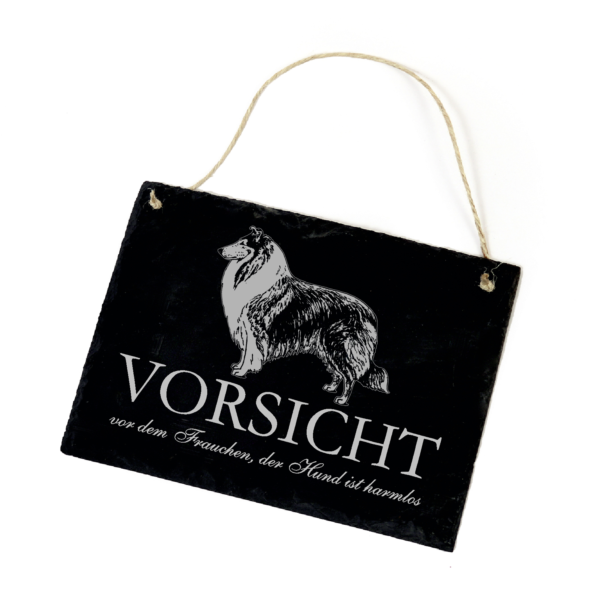 Hundeschild Collie Schild aus Schiefer - Vorsicht vor dem Frauchen - 22cm x 16cm