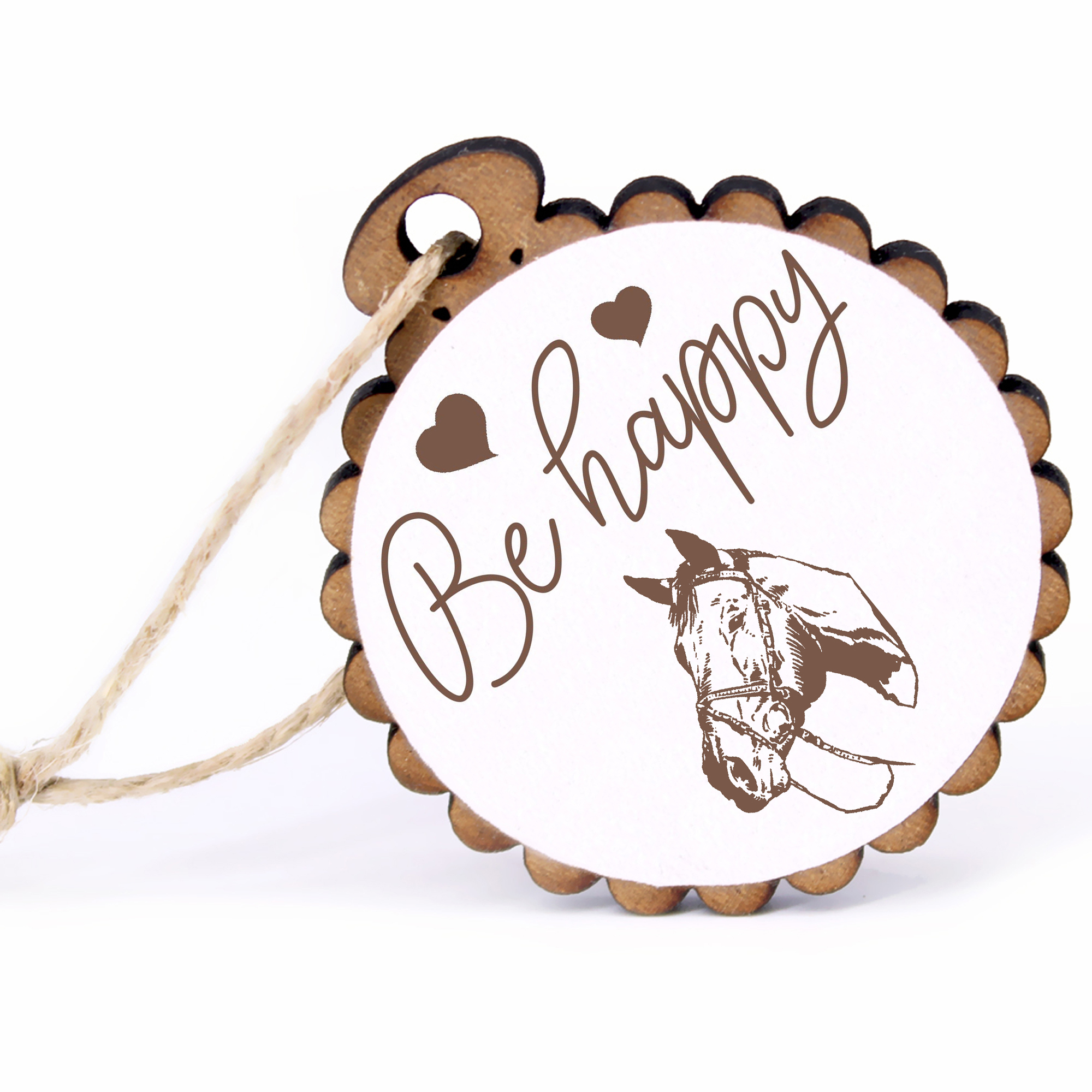 Geschenkanhänger - Be Happy American Quarter Horse Kopf -  Holz Ø-5cm - mit Juteband
