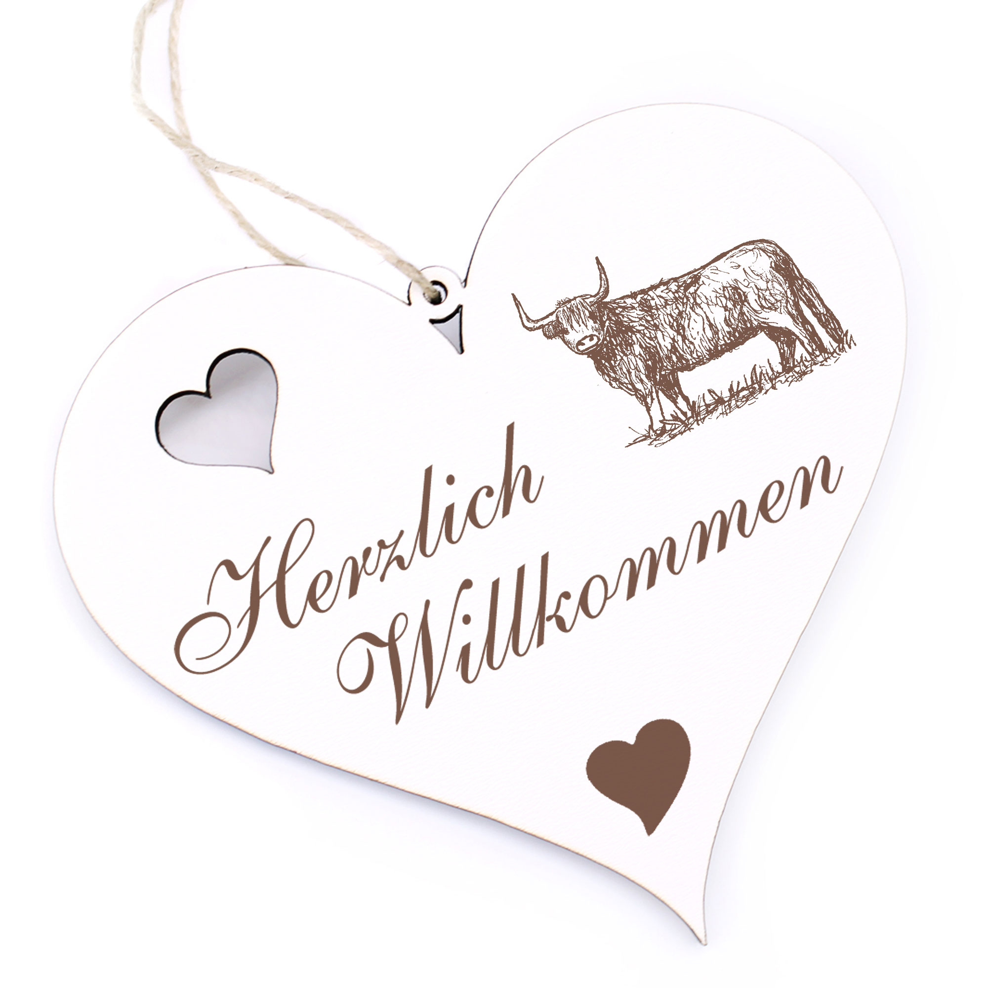 Herzlich Willkommen Schild - Schottisches Hochlandrind - Deko Herz Holz