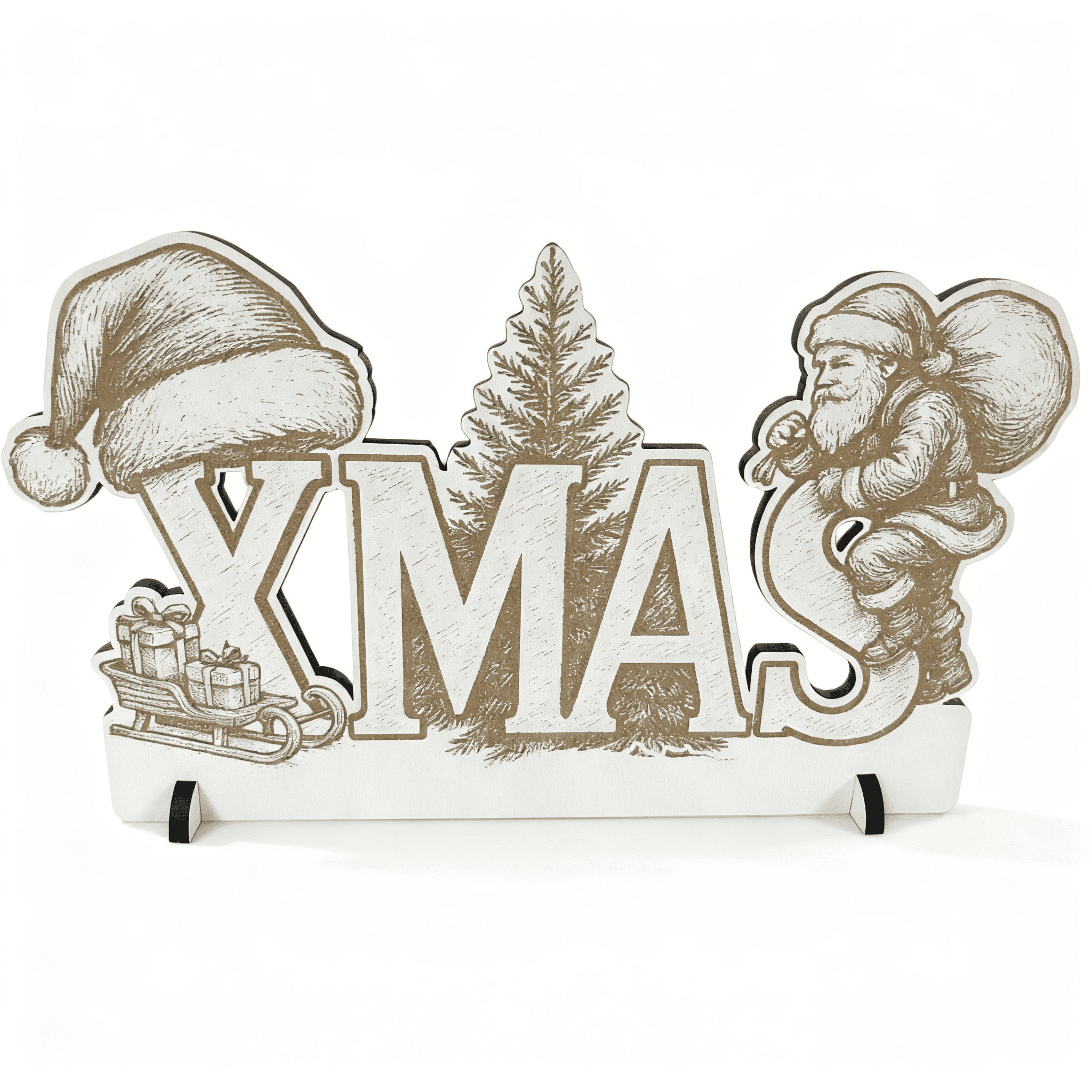 Aufsteller Schriftzug XMAS mit Weihnachtsmann, Weihnachtsmütze, Tanne & Schlitten mit Geschenke Aufsteller Schriftzug XMAS mit Weihnachtsmann, Weihnachtsmütze, Tanne & Schlitten mit Geschenke