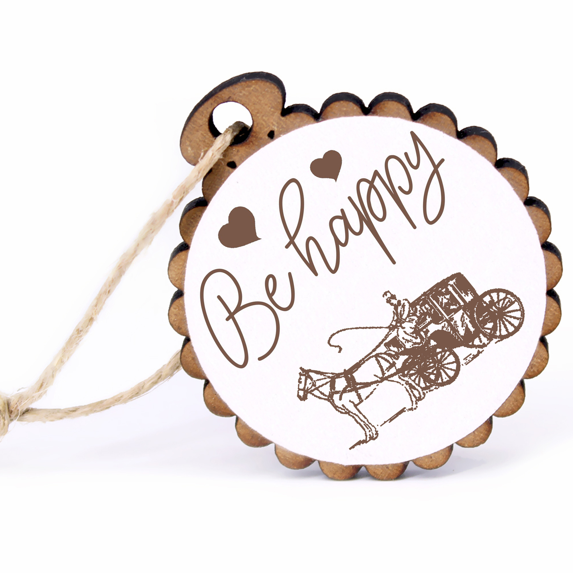 Geschenkanhänger - Be Happy Kutsche -  Holz Ø-5cm - mit Juteband