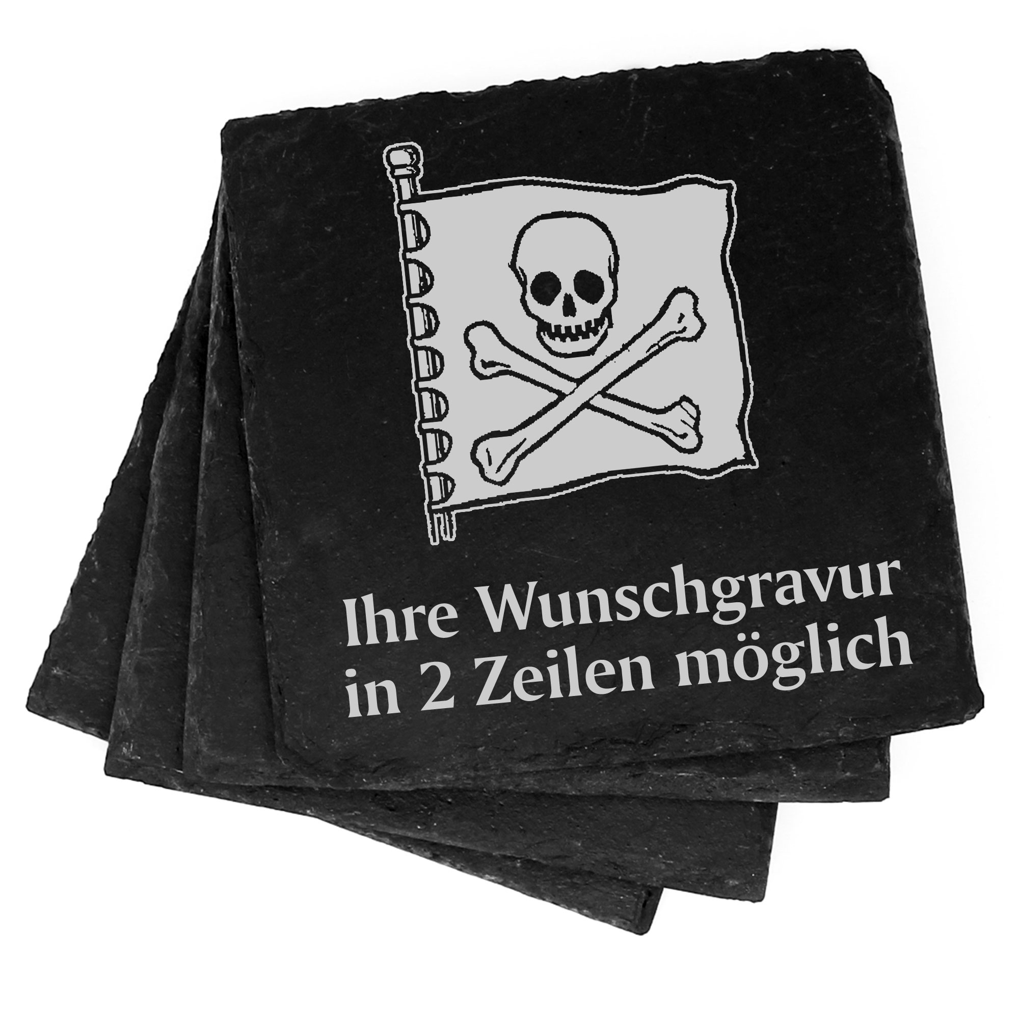 4x Piratenflagge Deko Schiefer Untersetzer Wunschgravur Set - 11 x 11 cm