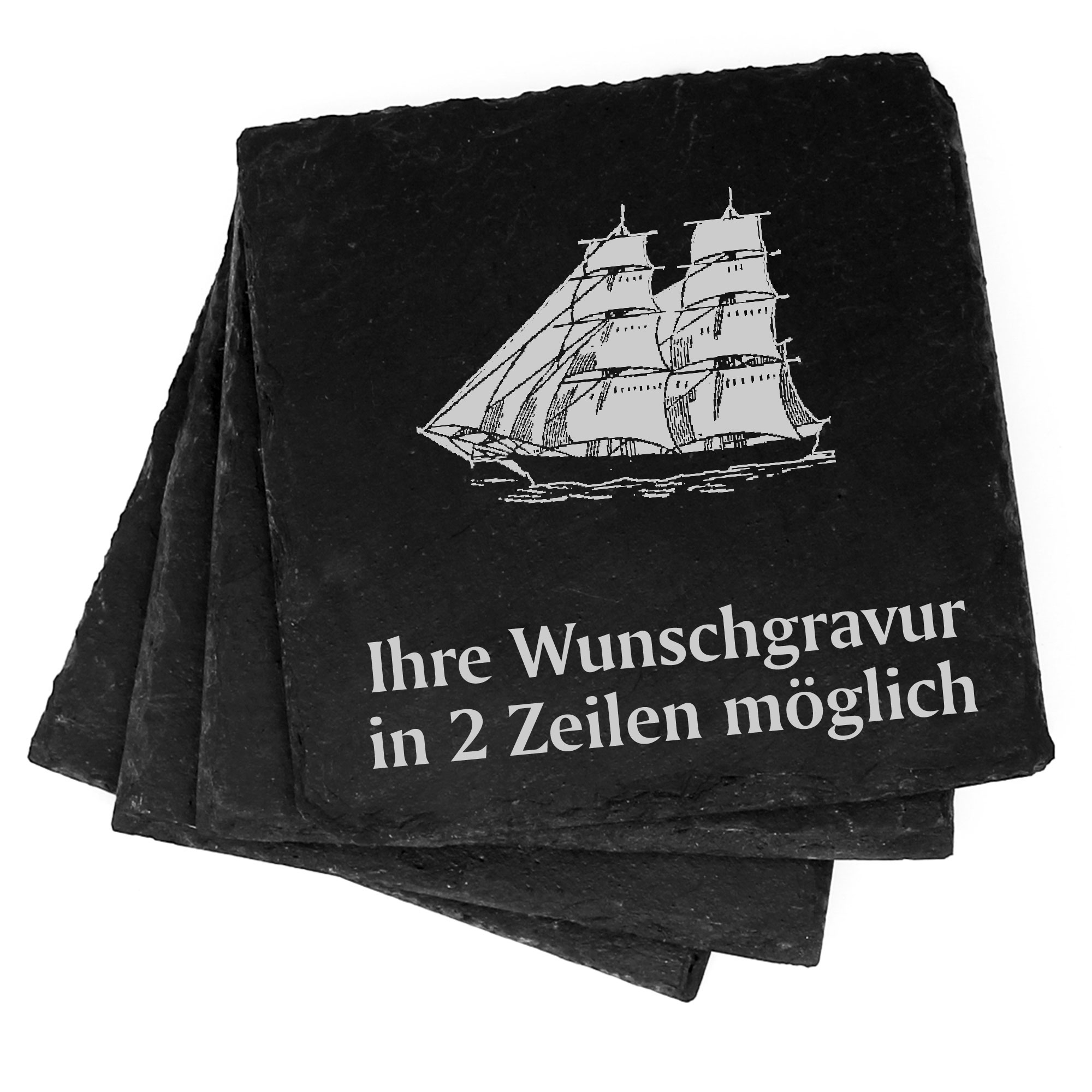 4x Zweimaster Deko Schiefer Untersetzer Wunschgravur Set - 11 x 11 cm