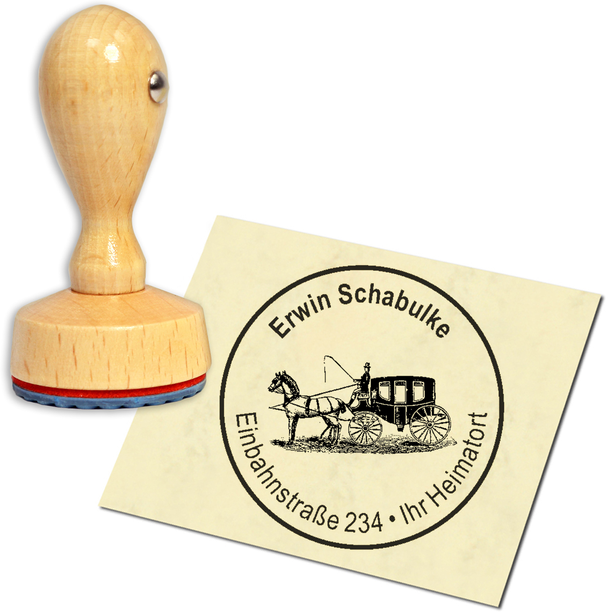 Stempel Adressstempel Holzstempel - Pferdekutsche - rund 40mm