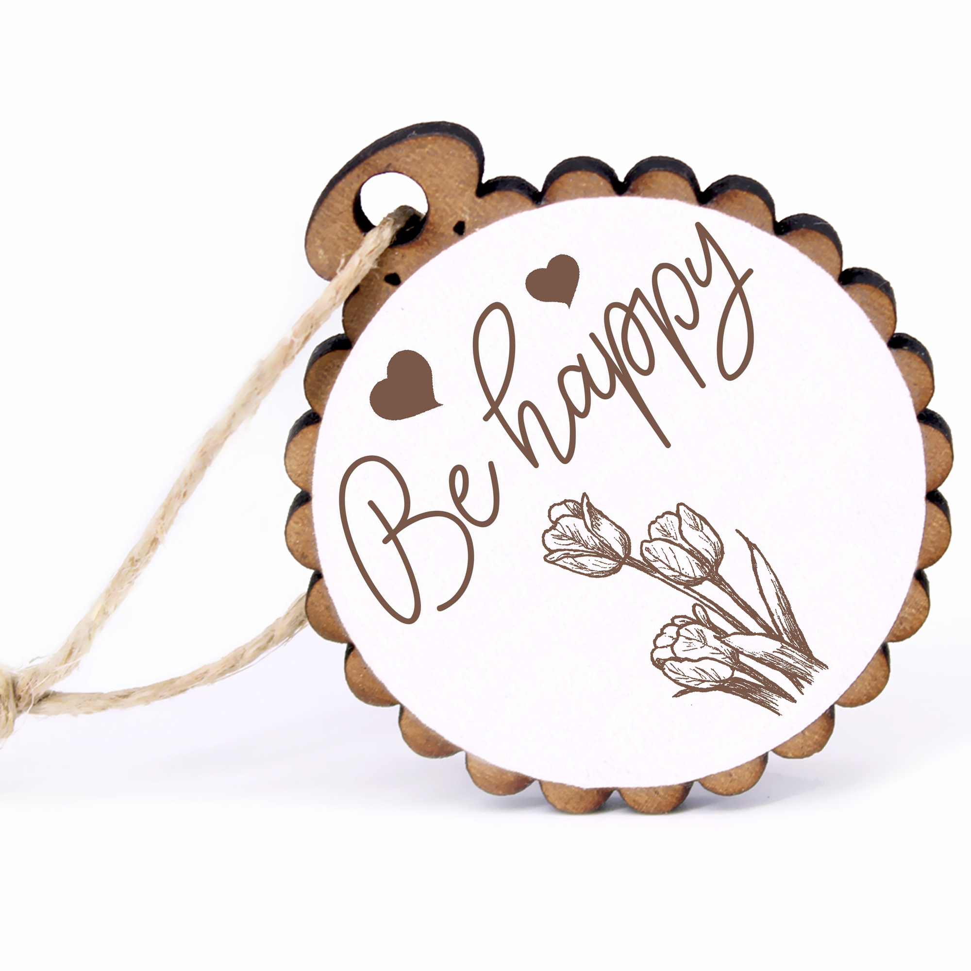 Geschenkanhänger - Be Happy drei Tulpen -  Holz Ø-5cm - mit Juteband