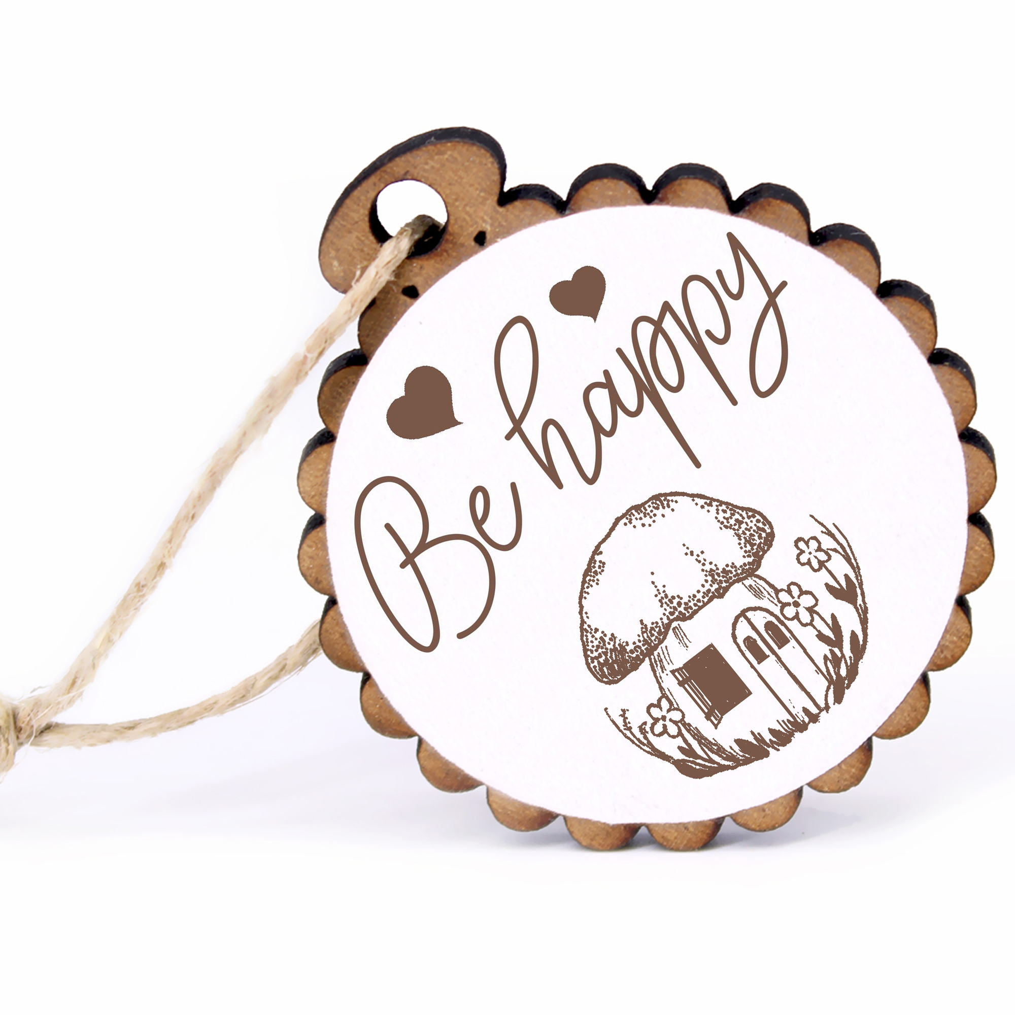 Geschenkanhänger - Be Happy Pilzhaus mit Fenster -  Holz Ø-5cm - mit Juteband