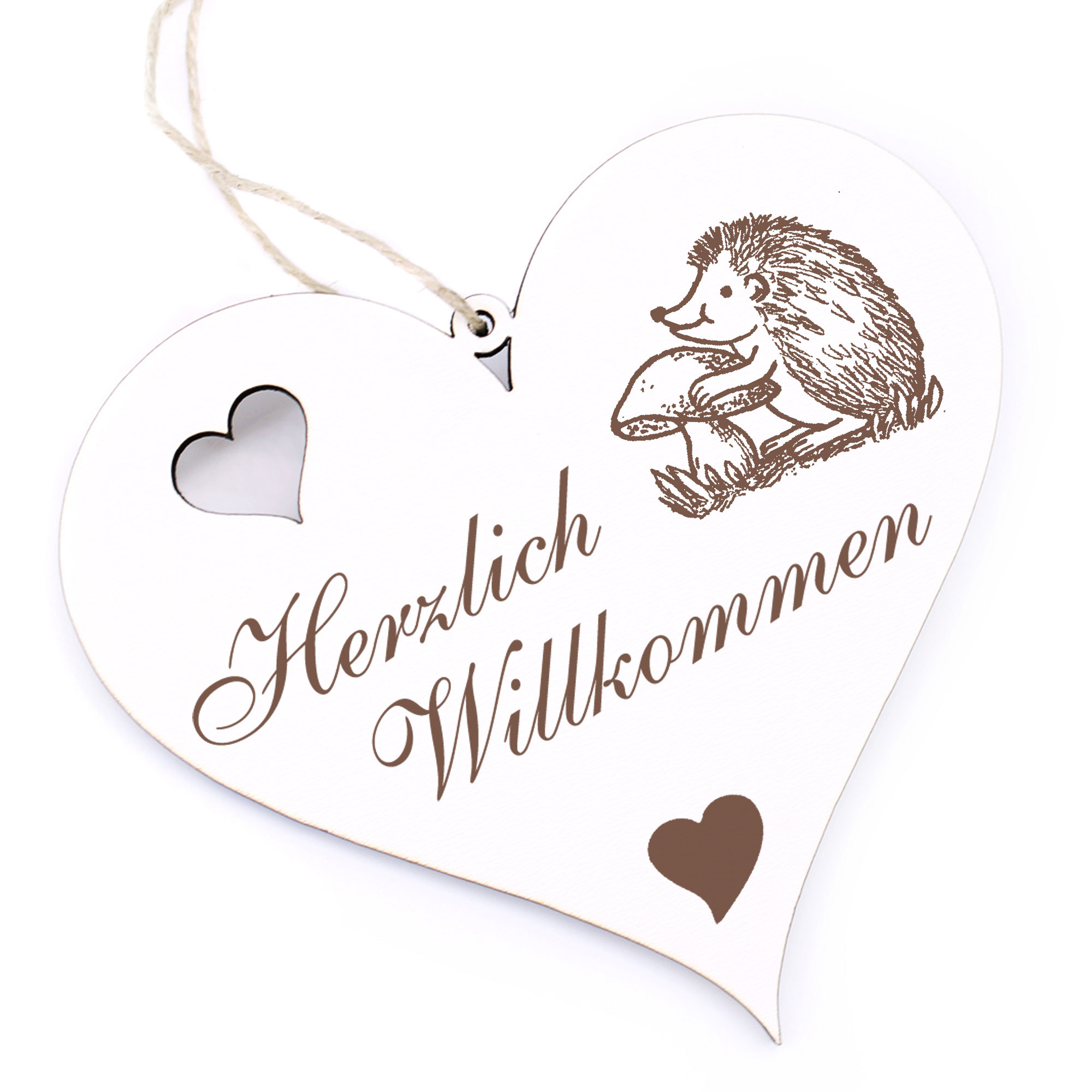 Herzlich Willkommen Schild - Igel mit Pilz - Deko Herz Holz