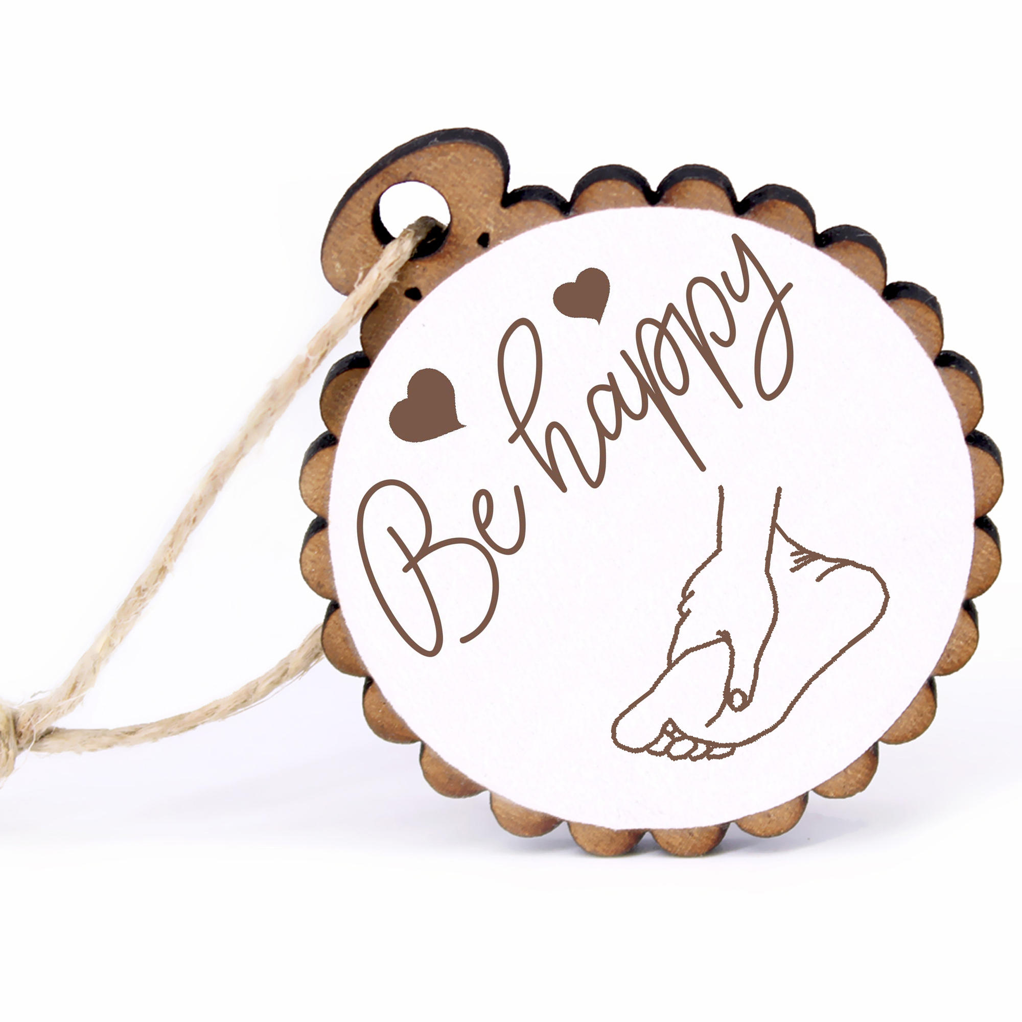 Geschenkanhänger - Be Happy Fuß und Hand -  Holz Ø-5cm - mit Juteband