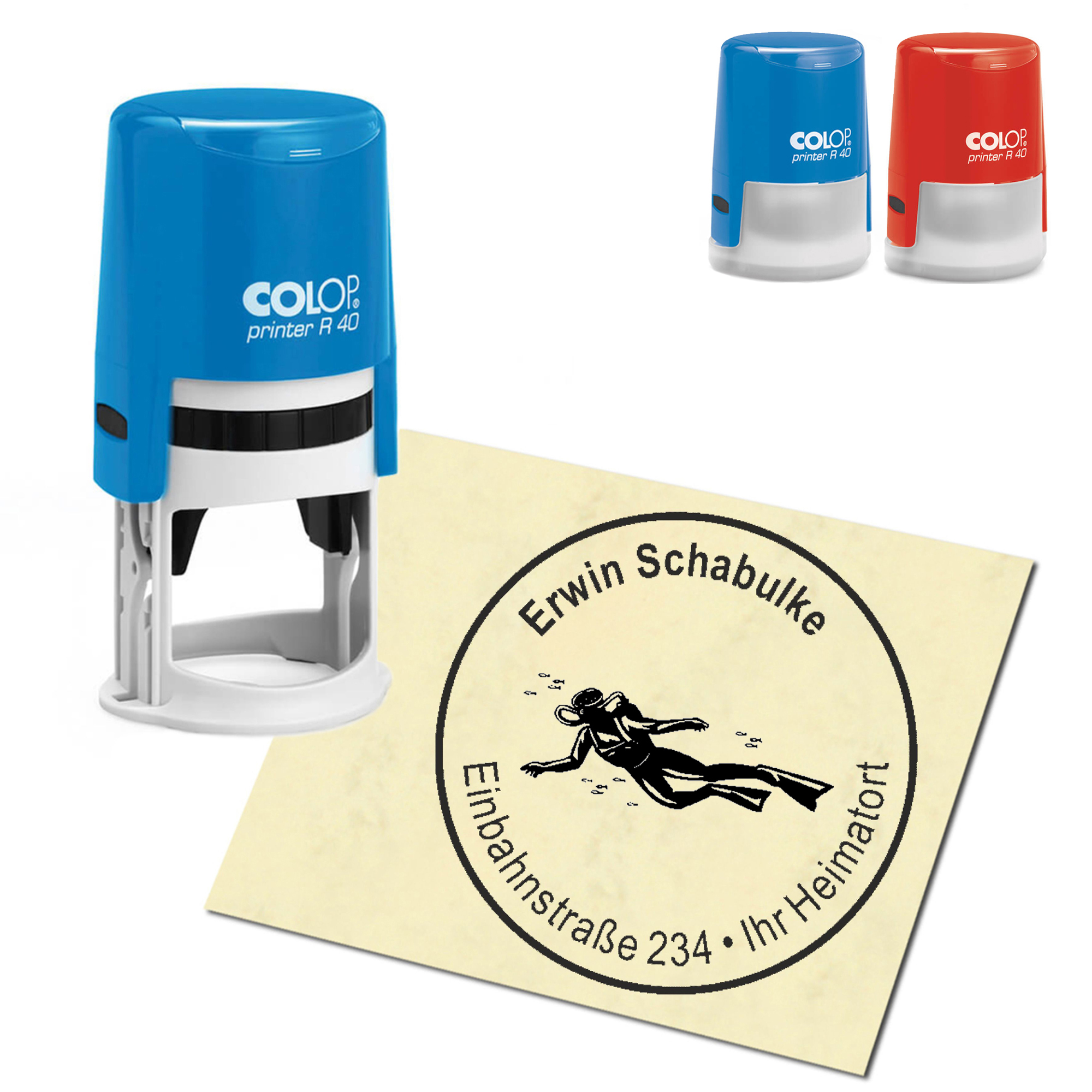 Stempel Adressstempel personalisiert - Taucherin - rund &empty; 40mm