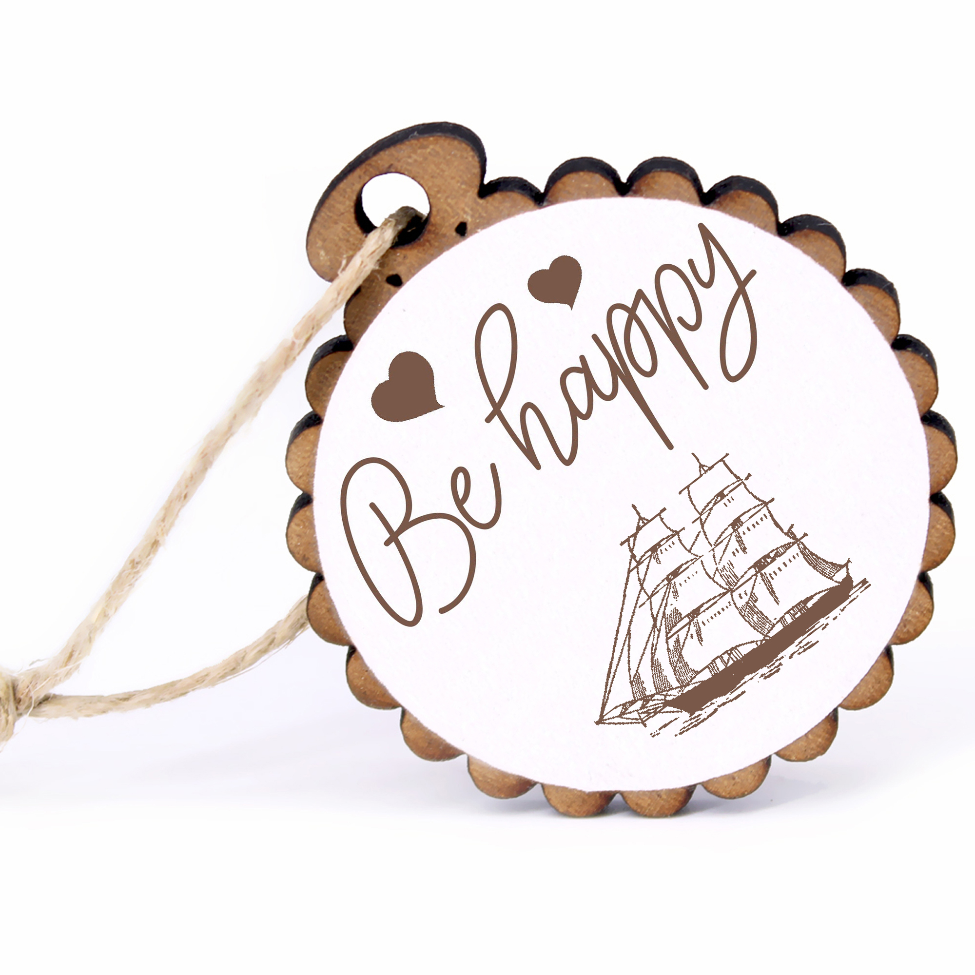 Geschenkanhänger - Be Happy Zweimaster -  Holz Ø-5cm - mit Juteband