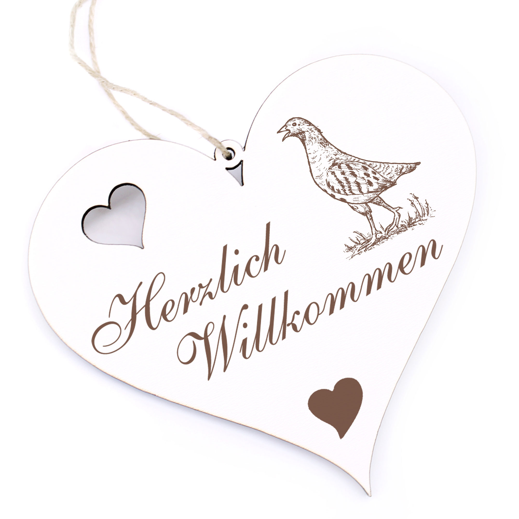Herzlich Willkommen Schild - aufrechtes Rebhuhn - Deko Herz Holz