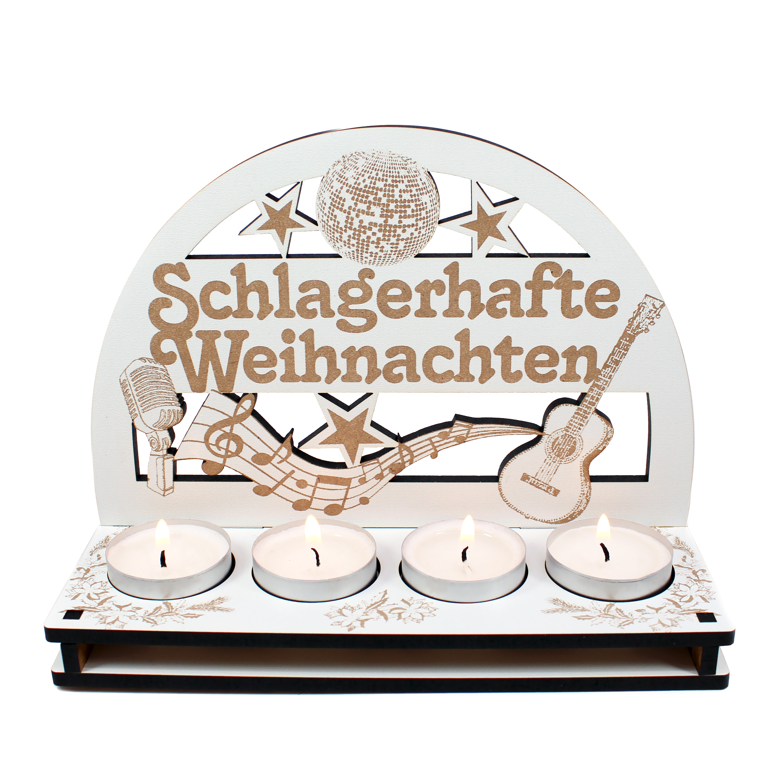 Teelichthalter „Schlagerhafte Weihnachten“ – HDF Schwibbogen mit Gitarre, Mikrofon & Noten – weiß mit brauner Gravur, 20×15 cm