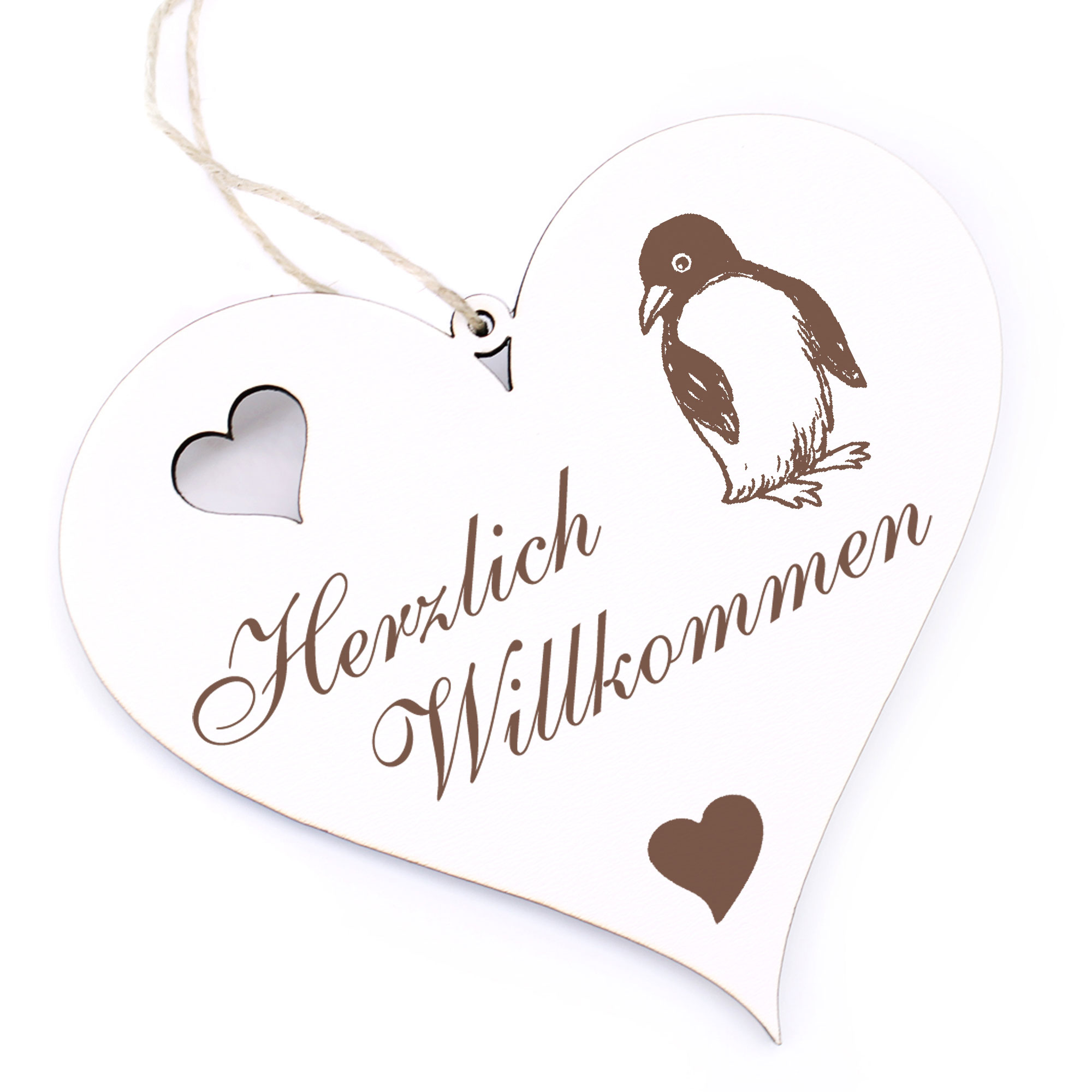 Herzlich Willkommen Schild - Pinguin - Deko Herz Holz