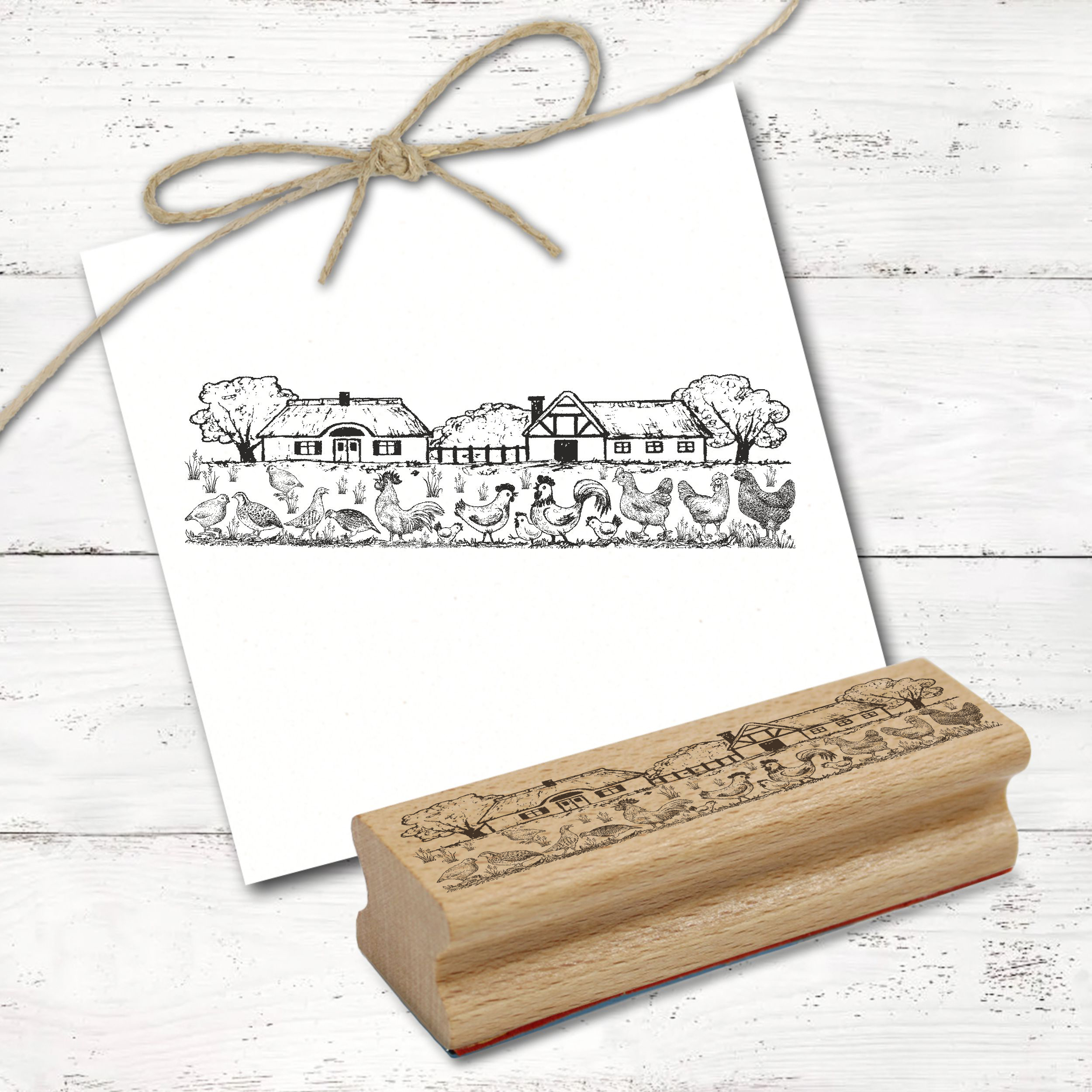 Motivstempel Bauernhof Hühner Bordüre - Stempel Landhaus Bauernhaus Holzstempel - 98 x 28 mm