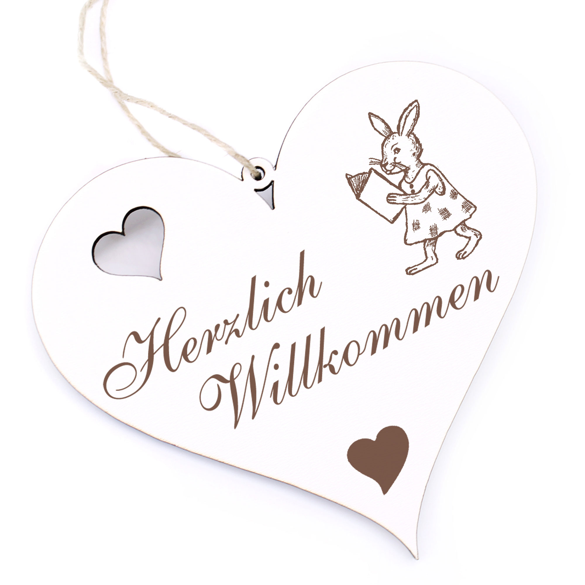 Herzlich Willkommen Schild - Hase mit Buch - Deko Herz Holz