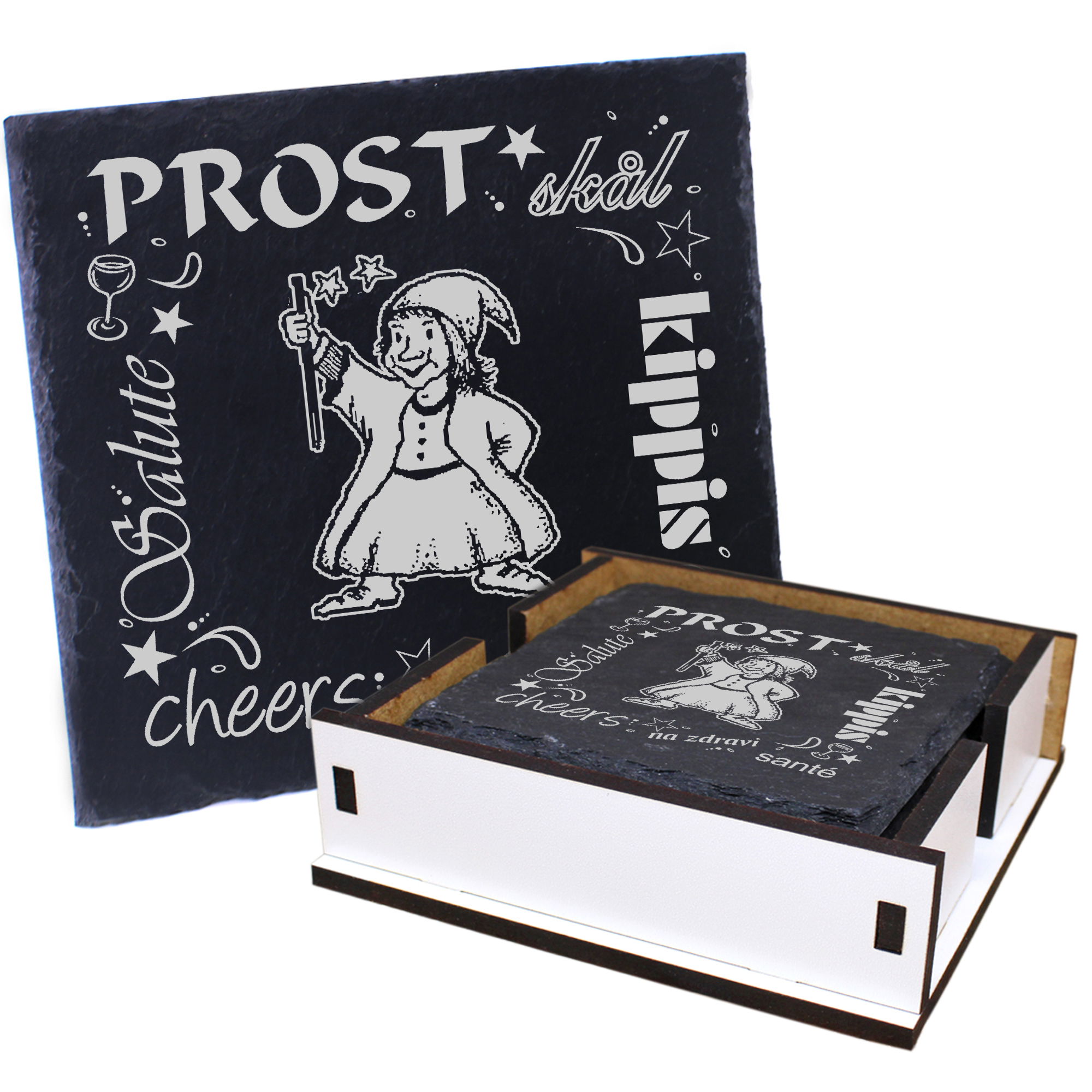 5 x Schiefer Untersetzer - Prost Zauberer - inkl. Holzbox & Flaschenuntersetzer