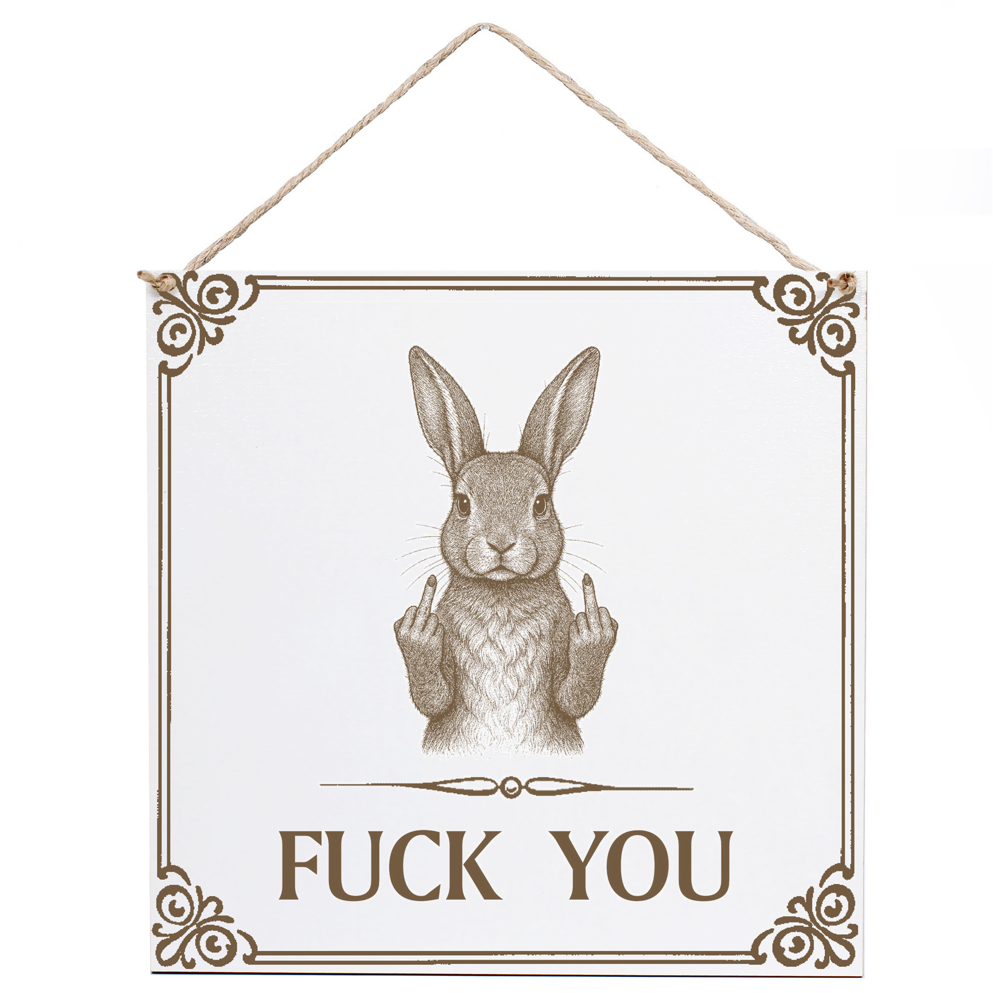 Hase Wandschild „Fuck You“ – Weißes HDF-Dekoschild 15×15 cm (auch 20×20 cm)