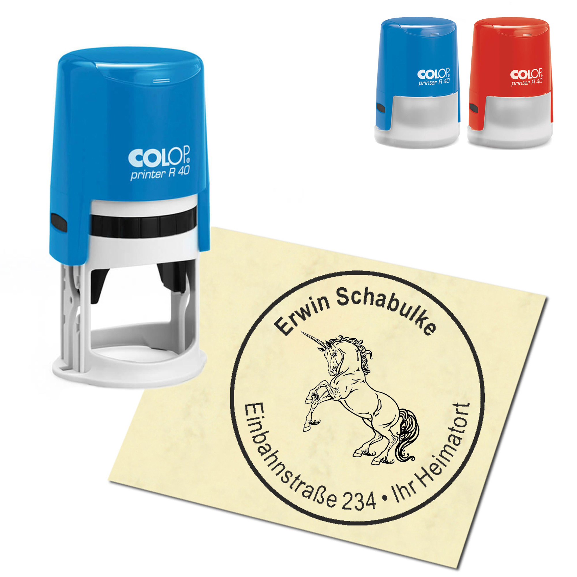 Stempel Adressstempel personalisiert - stehendes Einhorn - rund &empty; 40mm